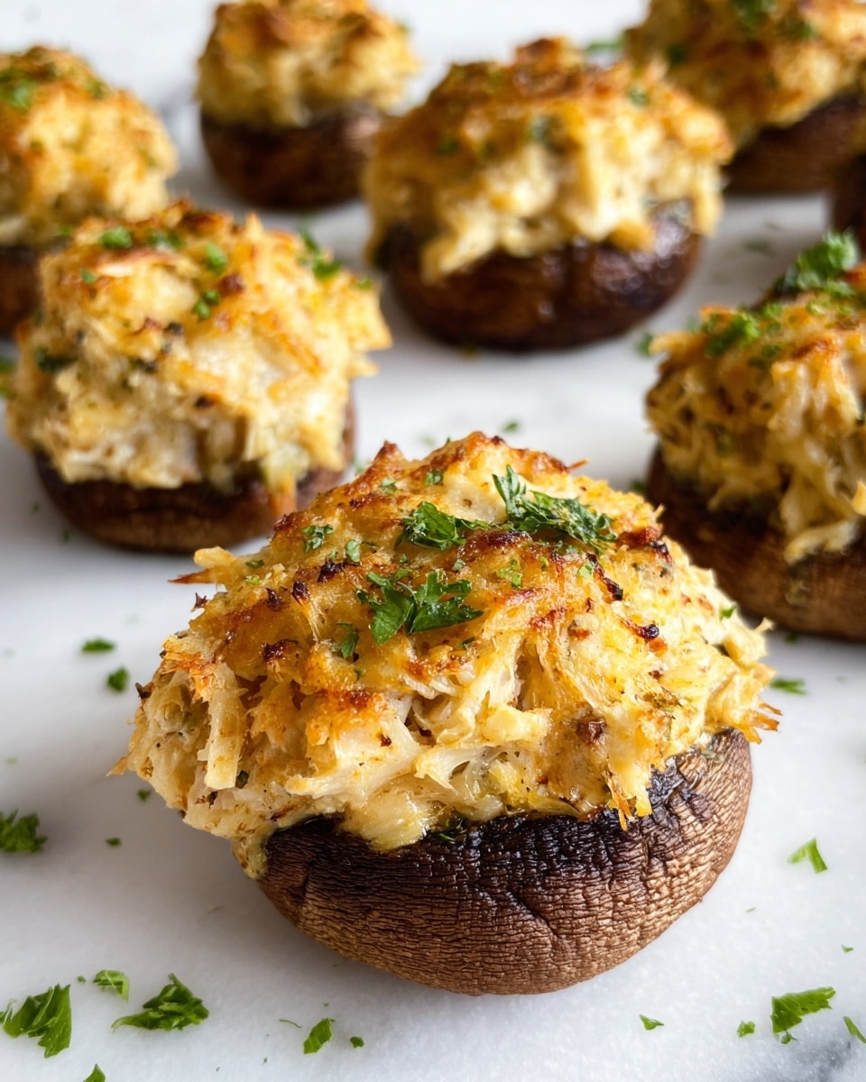 This image shows five stuffed mushrooms on a black grilling tray with a white marbled surface in the background. Each mushroom has two layers: the bottom layer is the dark brown, wrinkled mushroom cap with visible lines and creases, and the top layer is a golden-brown, crispy, and slightly uneven stuffing. The stuffing appears textured with small chunks and flecks of green herbs scattered across it. The mushrooms are spaced evenly, and the focus is sharp enough to see the texture and color contrasts clearly. Photo taken with an iphone --ar 4:5 --v 7