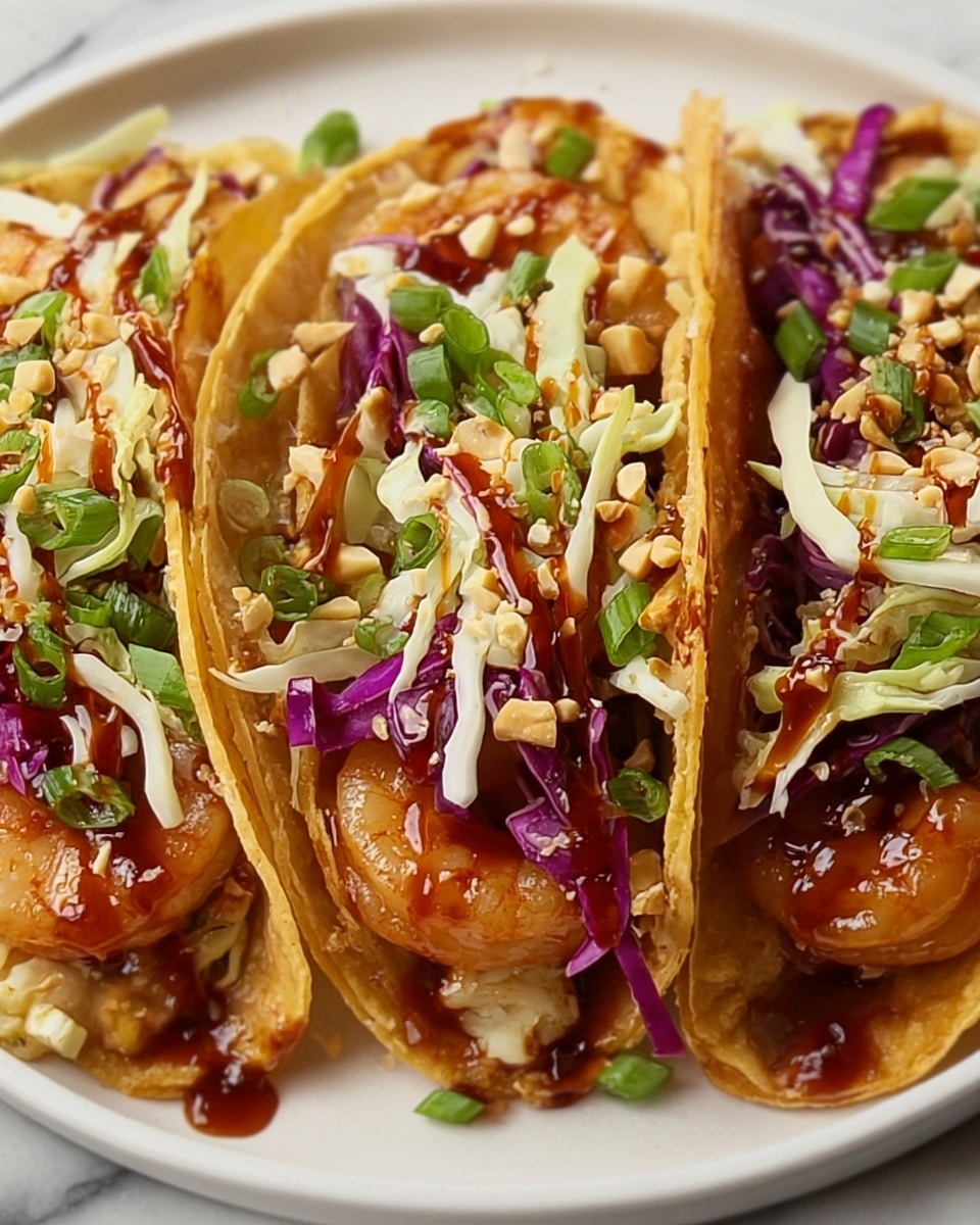 Three tacos are shown on a white plate with a white marbled background, each taco made with a golden, slightly crispy shell. Inside, there is a layer of cooked shrimp coated in a shiny, dark reddish-brown sauce. On top of the shrimp, there are thin strips of purple cabbage and white cabbage, adding texture and color. Fresh green chopped scallions and small pieces of light beige crushed nuts are sprinkled over the cabbage. There is also a drizzle of the same reddish-brown sauce over the top, adding shine and moisture to the tacos. Photo taken with an iphone --ar 4:5 --v 7