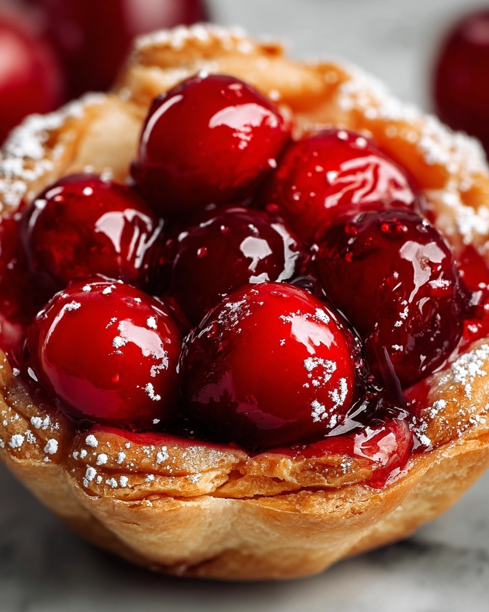 A close-up of a small tart with a golden-brown, slightly crispy crust forming a bowl shape. Inside the crust are seven glossy, deep red cherries covered with a shiny glaze that makes them look wet and juicy. The cherries sit in a thick, red syrup that fills the bottom of the tart. The crust has a dusting of powdered sugar on top and is textured with small, uneven bubbles. The tart is on a white marbled surface and other similar tarts are seen blurred in the background. photo taken with an iphone --ar 4:5 --v 7