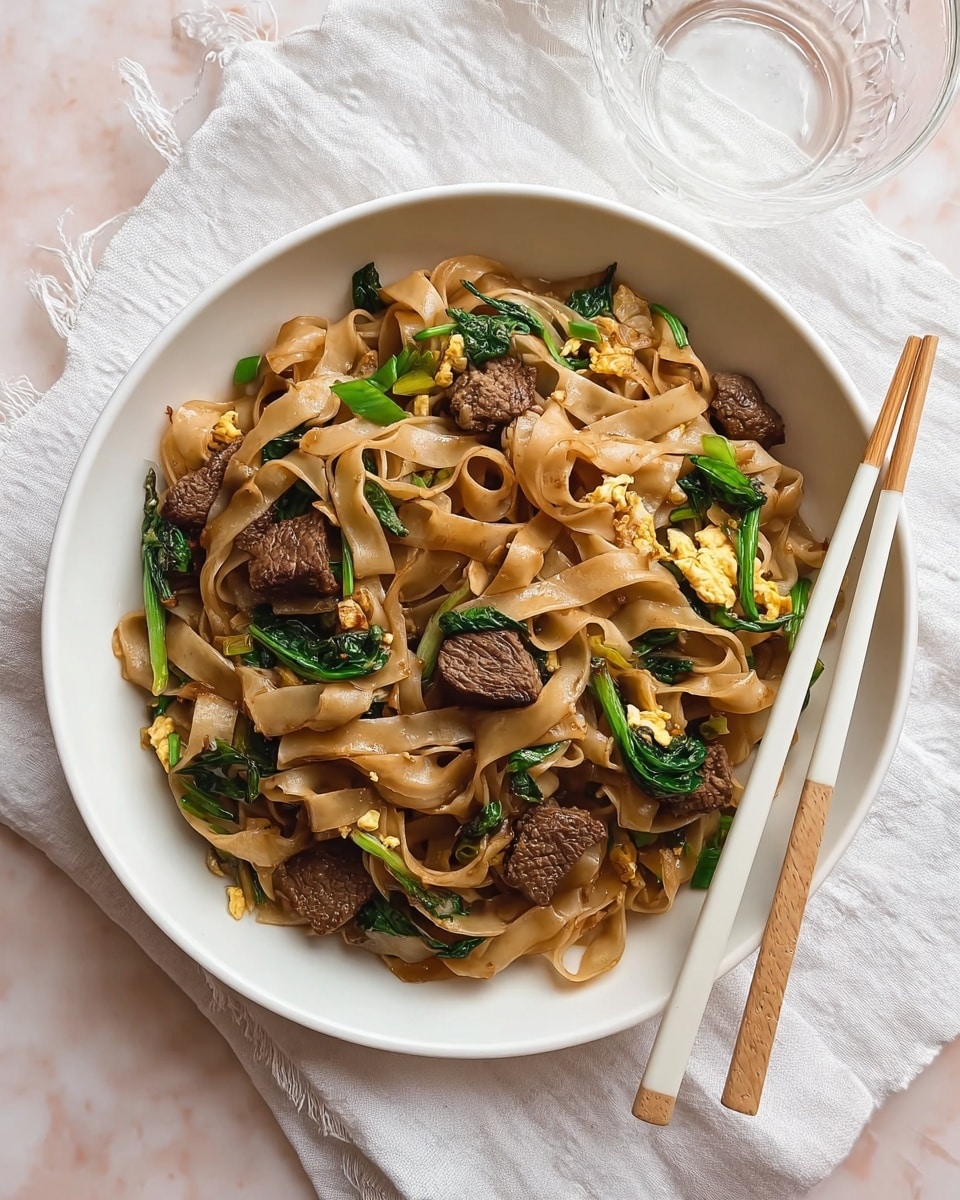 The dish shows a white bowl filled with wide, flat, light brown glazed noodles mixed with dark brown pieces of cooked beef and bright green vegetable leaves. Some noodles, beef, and greens are held above the bowl with chopsticks, showing the smooth and shiny texture of the noodles and the juicy look of the beef. The background has a soft pink color with a white marbled surface under the bowl, adding a calm and clean look. photo taken with an iphone --ar 4:5 --v 7