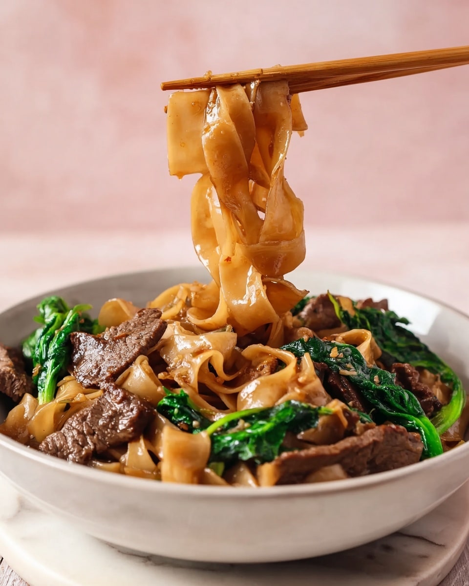 A white bowl filled with wide, flat brown noodles mixed with dark brown pieces of beef, bright green leafy vegetables, and small bits of scrambled egg. The noodles look soft and slightly glossy, curling in places. The beef pieces are thick and textured, scattered evenly through the dish, while the green vegetables add color by being tucked in and around the noodles. The small yellow egg bits are mixed throughout, adding a light contrast. The bowl is set on a white cloth with a faint texture, and next to it are white chopsticks with wooden tips resting on a white marbled surface. A clear glass dish is also visible near the top. photo taken with an iphone --ar 4:5 --v 7