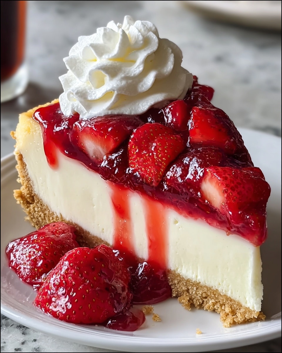 A slice of strawberry cheesecake is shown on a white plate with a white marbled texture surface beneath. The cheesecake has three layers: a crumbly, light brown crust on the bottom, a thick, smooth, creamy white middle layer of cheesecake filling, and a glossy, vibrant red strawberry topping with whole and halved strawberries scattered on top and around the slice. A generous swirl of white whipped cream sits on the very top center of the cheesecake slice. The strawberry sauce drips slightly over the edges, adding rich color and texture. photo taken with an iphone --ar 4:5 --v 7