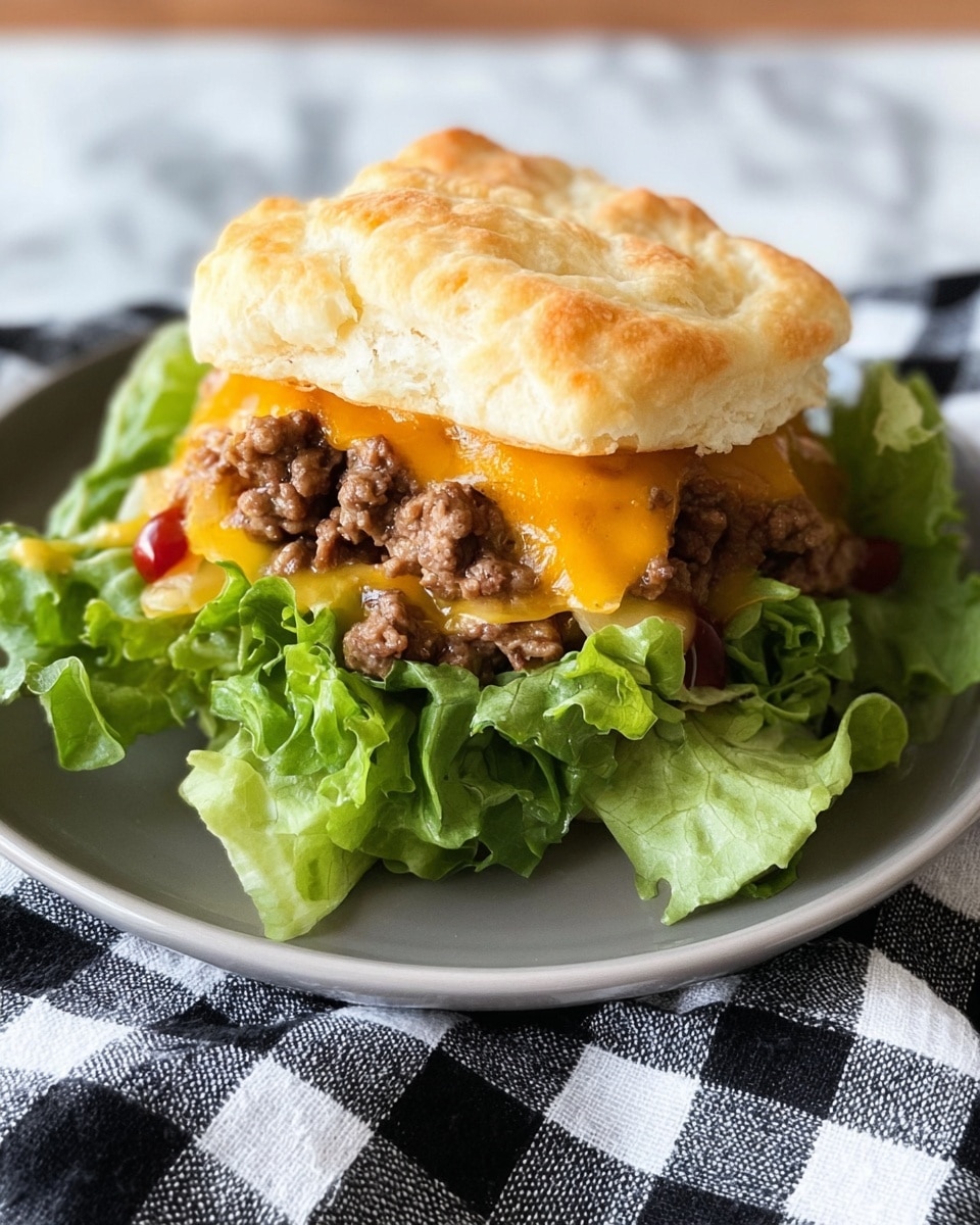 The dish shows a white rectangular baking dish filled with several stacked biscuit sliders. Each slider has two golden-brown biscuit layers with a slightly crispy texture on top. Between the biscuit layers, there is a middle layer of cooked ground beef mixed with melted cheddar cheese, which is dripping down the sides. Some bits of cooked onion are visible under the cheese. A black spatula with a wooden handle lifts one slider out of the dish, showing the layers clearly. The background is a white marbled surface photo taken with an iphone --ar 4:5 --v 7