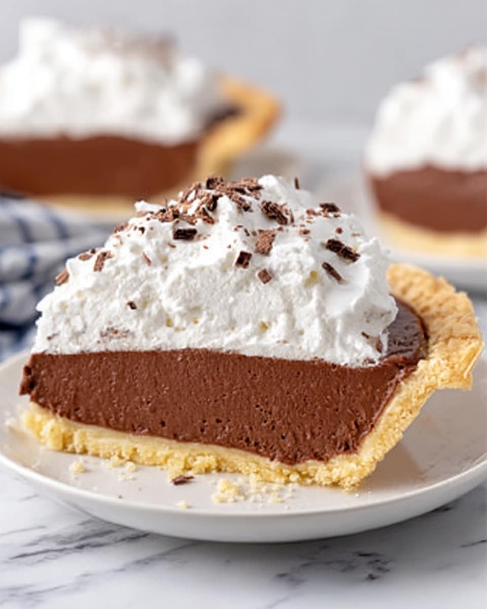 The image shows a slice of chocolate cream pie on a white plate placed on a white marbled surface. The pie has three distinct layers: at the bottom is a light golden flaky crust, in the middle is a smooth, thick, dark brown chocolate filling, and on top is a fluffy white whipped cream layer with a few small chocolate shavings sprinkled over it. In the background, another slice of the same pie is visible, slightly out of focus. photo taken with an iphone --ar 4:5 --v 7