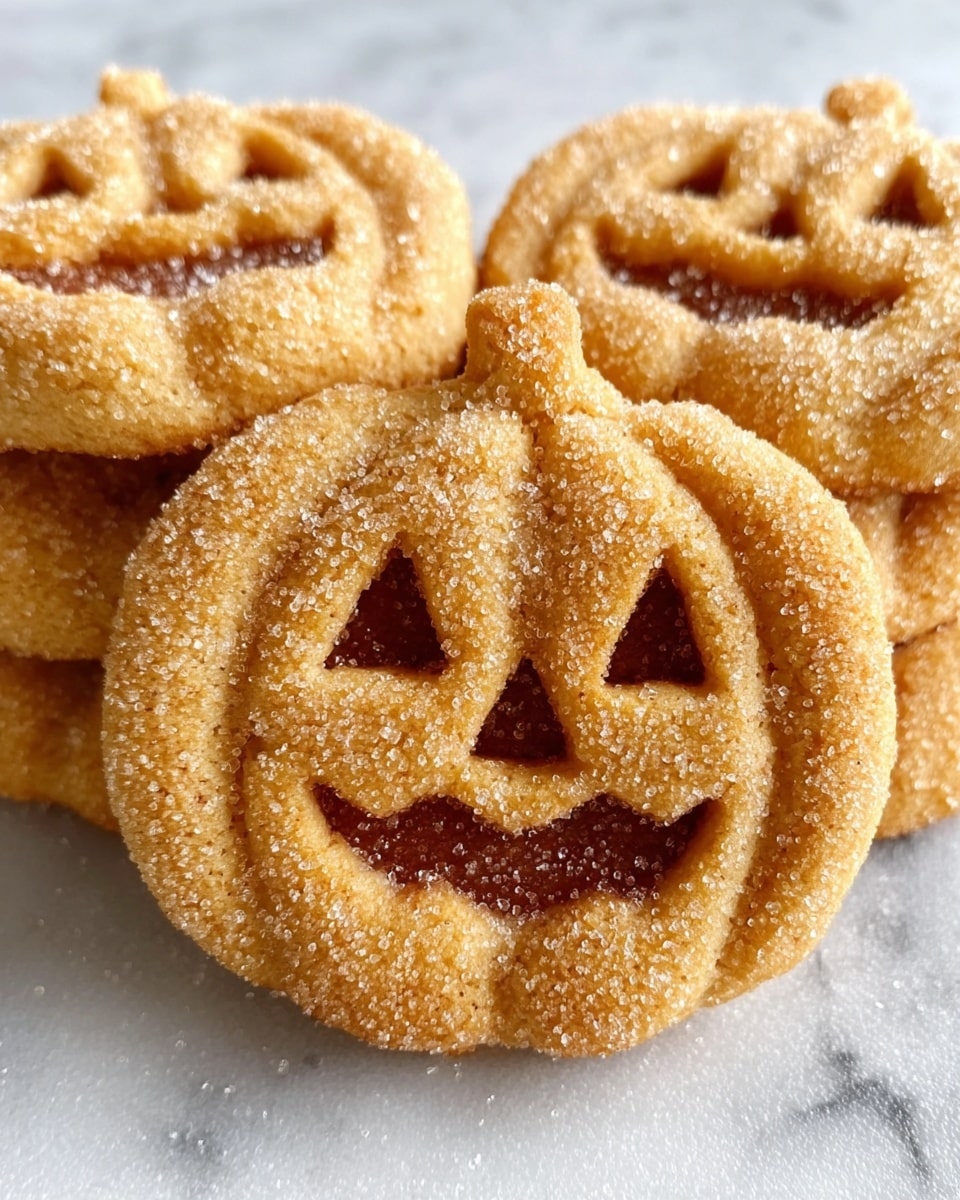 The image shows several pumpkin-shaped cookies stacked together, each with a golden brown color coated in sugar crystals giving a sparkly texture. Each cookie features cut-out eyes, nose, and mouth, resembling a jack-o'-lantern face, and a small stem detail at the top. The cookies have a slight rough sugar grain texture visible on the surface, and they are placed on a white marbled surface. photo taken with an iphone --ar 4:5 --v 7