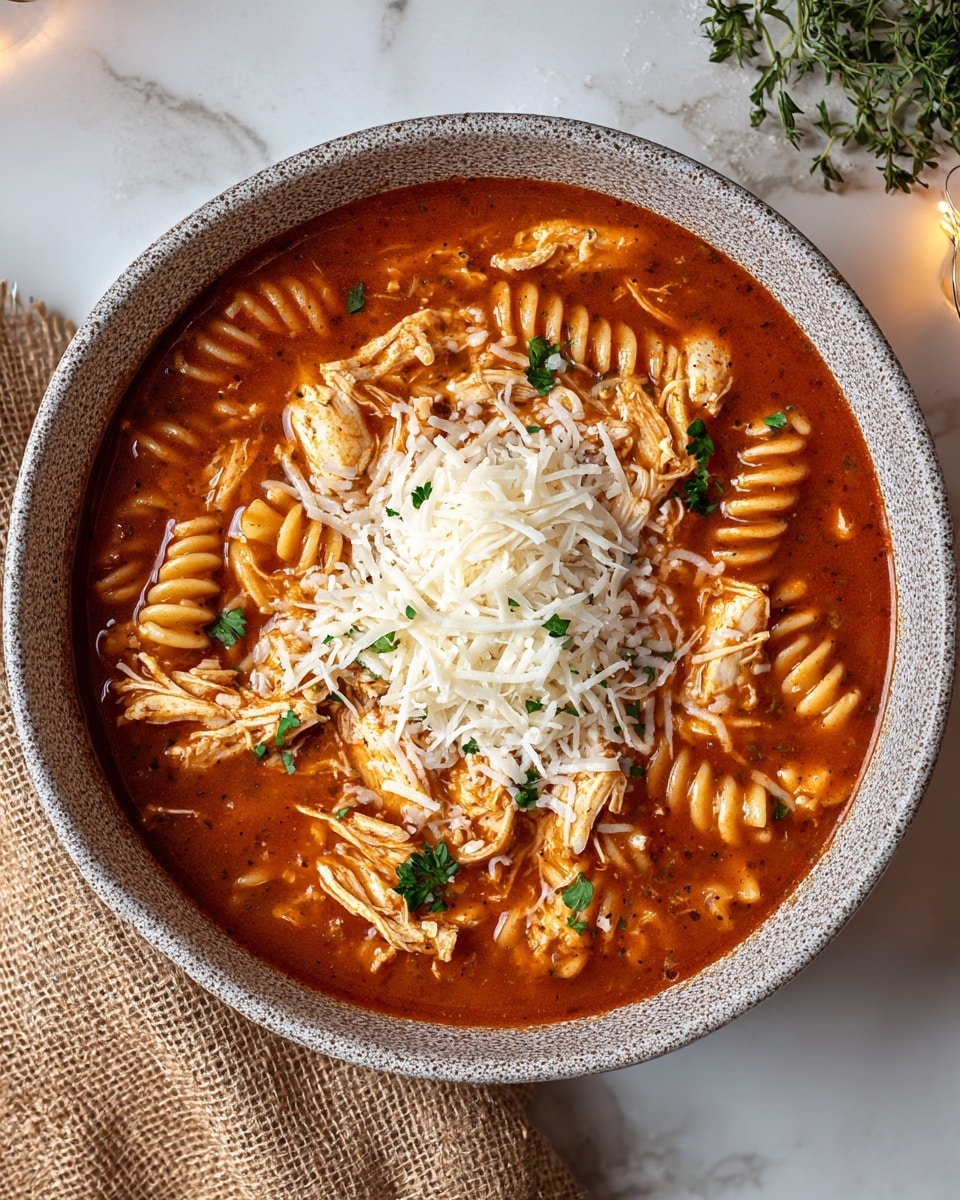A top view of a bowl filled with a rich, deep reddish-orange tomato-based broth with visible seasoning, containing spiral-shaped pasta and shredded pieces of cooked chicken. On top, there is a generous pile of grated white cheese, slightly melting into the hot soup. Small green herb leaves are scattered across the surface, adding a fresh touch. The bowl is speckled with gray and sits on a white marbled surface, with soft warm lights and a piece of light brown burlap fabric partially visible around the bowl. photo taken with an iphone --ar 4:5 --v 7