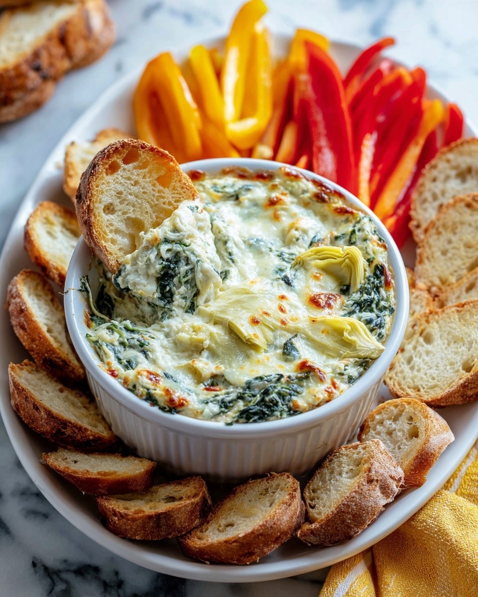 A white ceramic bowl filled with creamy, baked spinach and artichoke dip, showing melted, slightly browned cheese on top with visible green spinach leaves and pale artichoke pieces evenly spread throughout; the bowl is placed on a white plate surrounded by slices of toasted bread with a golden-brown crust and soft interior, arranged neatly in a circle, with red and yellow bell pepper strips placed behind the bowl; one toasted bread slice is dipped halfway into the dip, resting upright, and the whole setup sits on a white marbled surface with a yellow cloth partially visible beneath the plate. photo taken with an iphone --ar 4:5 --v 7