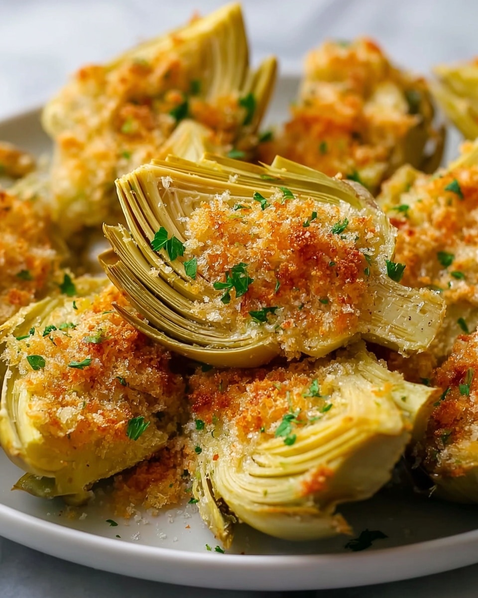 The image shows several pieces of baked artichoke hearts cut into quarters, arranged closely together. Each piece has multiple layers of soft pale yellow and light green leaves with a crunchy golden brown breadcrumb coating on the outer edges. Small bits of green parsley are sprinkled across the artichokes, adding a touch of color contrast. The artichokes sit on a white plate, and the background has a white marbled texture. The photo taken with an iphone --ar 4:5 --v 7
