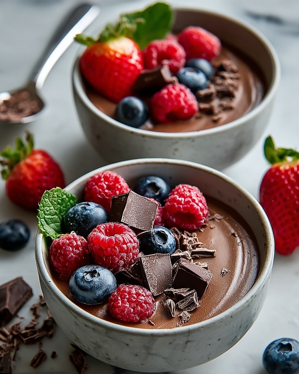 Two bowls filled with smooth, dark chocolate mousse sit on a white marbled surface. Each bowl has a creamy chocolate layer topped with fresh berries and chocolate chunks. The front bowl is topped with bright red raspberries, dark blueberries, and small pieces of rich, dark chocolate, along with a small green mint leaf on the side. The back bowl also shows a similar chocolate mousse base with strawberries, raspberries, blueberries, and broken dark chocolate pieces on top. Scattered berries and chocolate bits are around the bowls, and a spoon with broken chocolate rests in the background. photo taken with an iphone --ar 4:5 --v 7