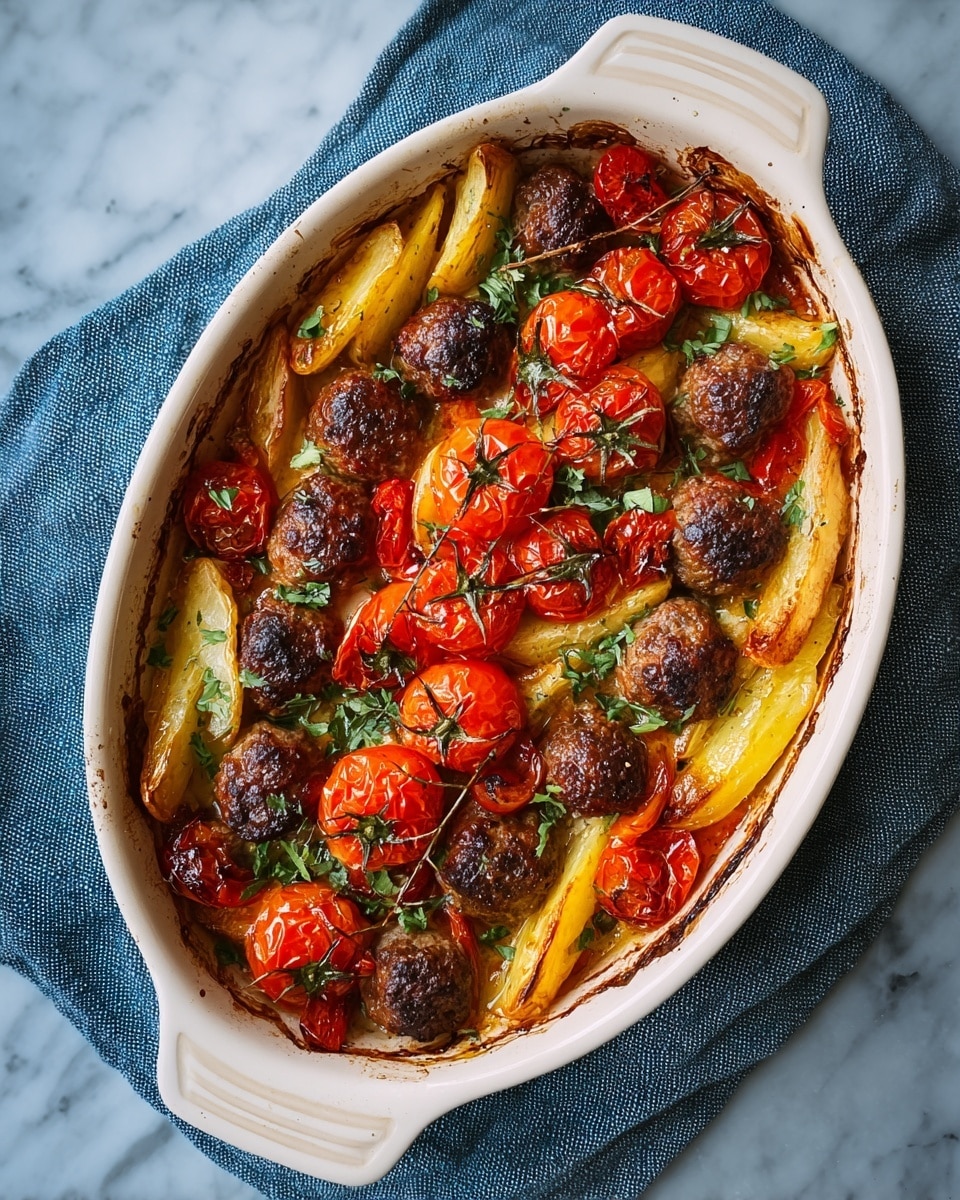 An oval white baking dish holds a colorful baked meal arranged in three main layers. The bottom layer consists of golden roasted potato wedges, spread evenly across the dish, showing a slight crisp on the edges. Scattered above the potatoes are small, round meatballs browned to a deep crusty brown, filling most of the space. The top layer is decorated with bright red roasted tomato slices and whole cherry tomatoes, some slightly charred, adding vibrant contrast. Fresh green herbs are sprinkled over everything, giving a fresh and lively touch. The dish rests on a blue cloth, placed on a white marbled texture surface. Photo taken with an iphone --ar 4:5 --v 7