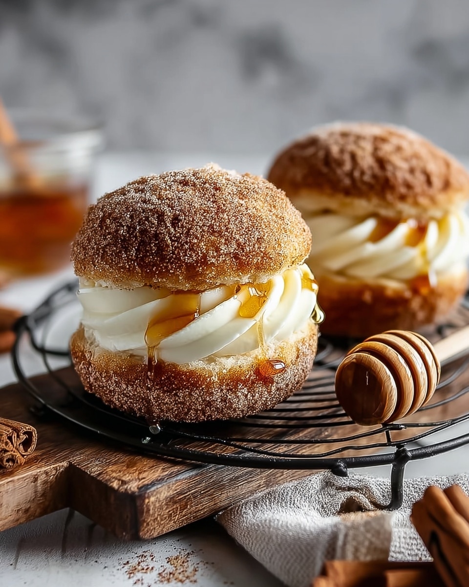 Two cinnamon sugar-coated sandwich cookies are placed on a black wire rack over a brown cutting board, set on a white marbled surface. Each cookie has two main layers: the top and bottom soft muffins with a golden-brown, sugary, slightly textured exterior, and a thick creamy white frosting swirl in the middle. Above the frosting, there is a glossy amber honey drizzle that shines and drips slightly down the sides. To the left of the rack, three whole cinnamon sticks lie on the surface, and on the right side, a wooden honey dipper rests on a grey cloth. The background is softly blurred with warm tones. Photo taken with an iphone --ar 4:5 --v 7