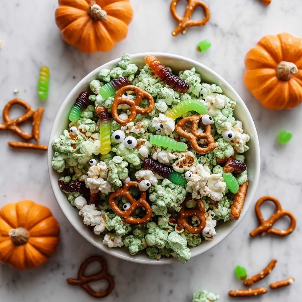 A white bowl filled with a mix of popcorn coated with green coloring and some plain white popcorn, evenly scattered with stick-shaped brown pretzels and gummy worms in green and dark red colors. Small candy eyes are stuck to some pieces of popcorn, adding a playful touch. The bowl sits on a white marbled surface, with a few gummy worms and pretzel sticks lying around. Two orange pumpkin decorations with carved faces are placed near the bowl, suggesting a Halloween theme. photo taken with an iphone --ar 4:5 --v 7