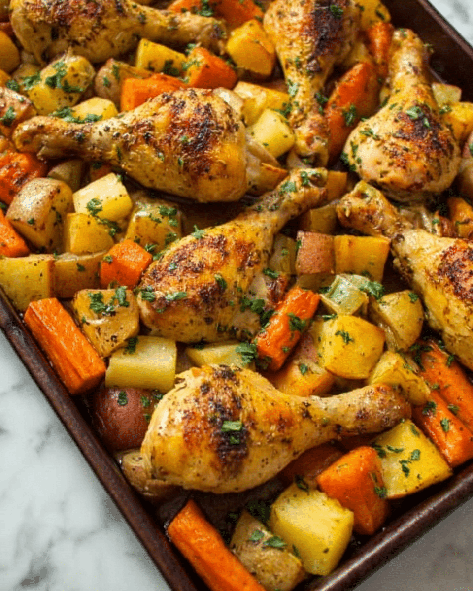 A white baking dish filled with roasted chicken drumsticks arranged in layers, each drumstick golden brown with crispy skin and scattered with fresh chopped green herbs; around the chicken, there are chunky pieces of roasted yellow potatoes and orange carrots, all with a slightly browned, roasted texture showing caramelized edges; the dish has a warm, inviting color contrast between the golden chicken, yellow potatoes, and orange carrots, and some juices are lightly pooled at the bottom reflecting a glossy finish. photo taken with an iphone --ar 4:5 --v 7