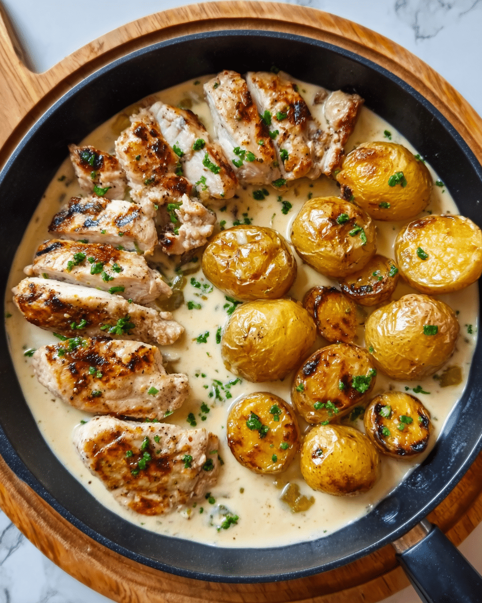 The image shows a dark round pan filled with a meal arranged in two parts: on one side, there are pieces of grilled chicken with clear brown grill marks and a light cream sauce with small green herbs sprinkled on top; on the other side, there are golden roasted small potatoes with a slight shine and some herbs on them. The pan sits on a white marbled surface. photo taken with an iphone --ar 4:5 --v 7