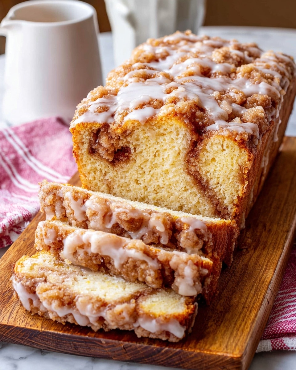 The image shows a loaf of cinnamon streusel bread on a wooden board, with several slices cut and laid in front of the main loaf. The bread has a soft, light yellow inside with swirls of cinnamon and a crumbly, golden-brown streusel topping. There is a shiny white glaze drizzled over the top and sides of the bread, adding a glossy texture. In the background, there is a white pitcher and a pink-and-white striped cloth on a white marbled surface. photo taken with an iphone --ar 4:5 --v 7