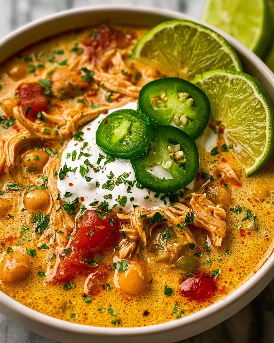A white bowl filled with a rich, orange-brown broth soup that has visible layers of shredded light beige chicken pieces, yellow corn kernels, white beans, green chopped herbs, and red tomato chunks. On the top, there are two bright green slices of jalapeño and a fresh green lime wedge resting on the edge of the bowl. The bowl sits on a white marbled surface. photo taken with an iphone --ar 4:5 --v 7