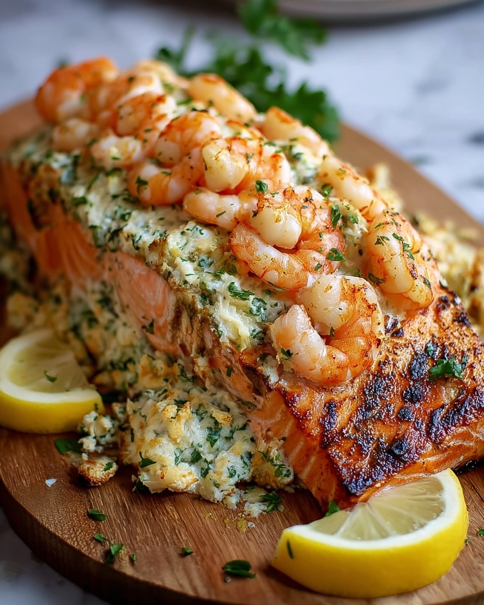 A piece of cooked salmon fillet cut open to show its three layers: the top grilled salmon layer with a golden-brown sear and green herb flecks, the middle creamy white and green herb-studded filling, and the bottom pink salmon layer with a flaky texture; on top of the salmon are several small cooked shrimp with a light orange color and sprinkled herbs; lemon slices and green parsley garnish the side, all placed on a light wooden board with a blurred blue cloth in the background replaced by a white marbled texture; photo taken with an iphone --ar 4:5 --v 7