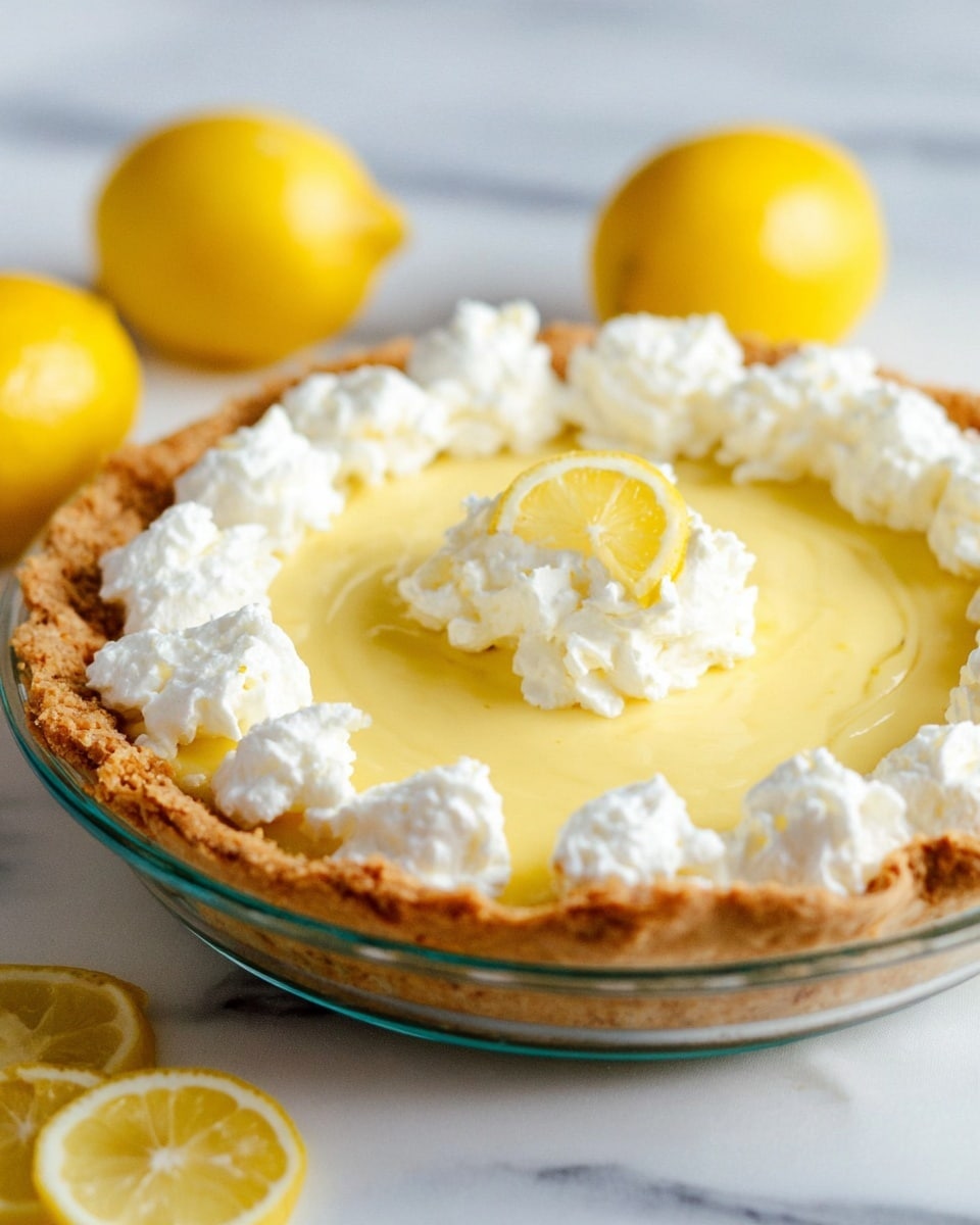 A lemon pie with a golden brown crust and a thick, smooth, pale yellow lemon filling is shown in a clear glass pie dish. There are multiple dollops of white whipped cream neatly spaced on the edge of the filling. A round slice of lemon is placed on top of the pie. The pie sits on a white marbled surface with two whole bright yellow lemons in the blurred background and one lemon slice close to the pie. Photo taken with an iphone --ar 4:5 --v 7