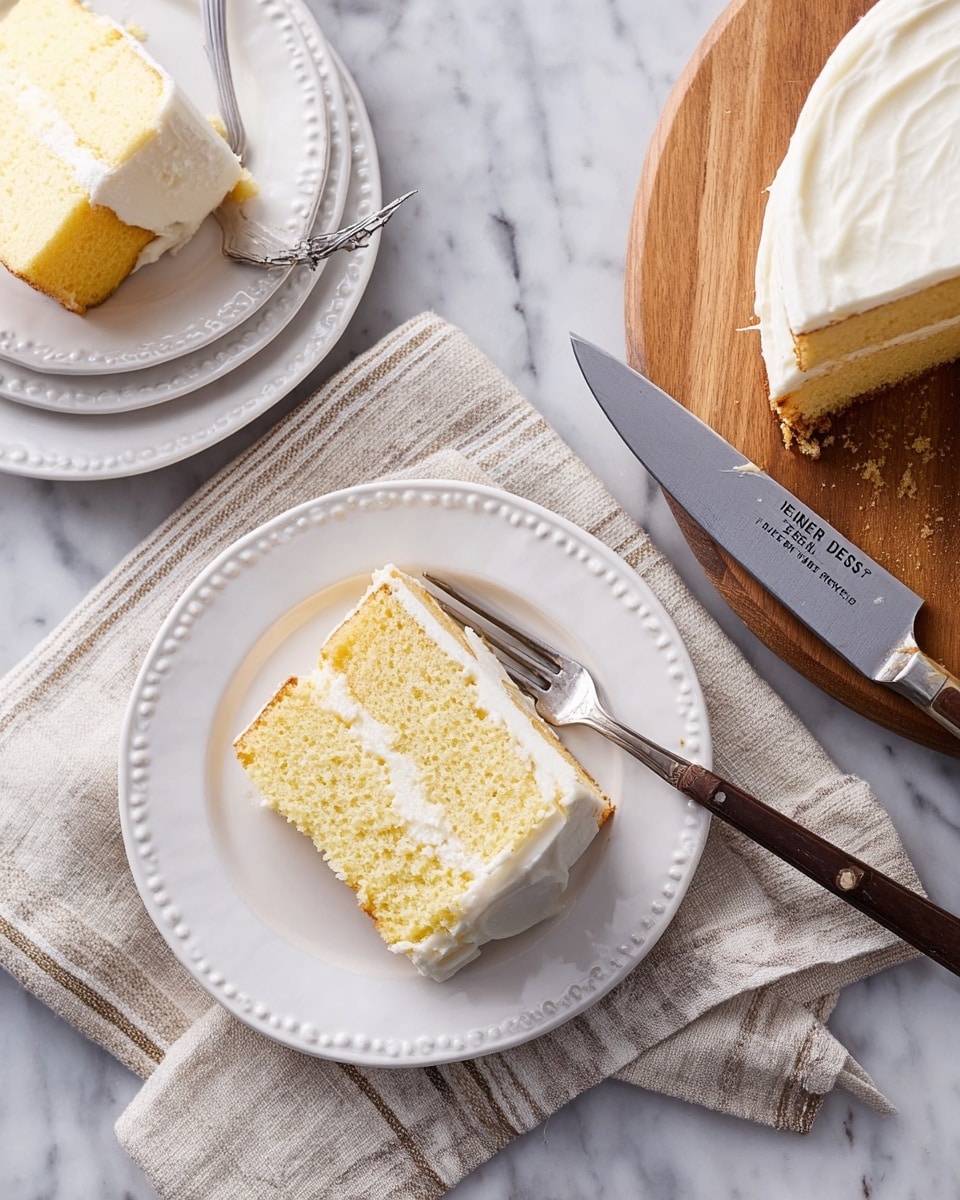 The image shows a slice of a two-layer yellow cake with light cream frosting between and covering the layers. The cake slice sits on a white plate with small dotted details along the edge. The cake’s texture looks soft and moist with a pale yellow color. Behind the slice, a three-layer yellow cake with white frosting is seen on a wooden board. A fork rests on the white plate beside the slice. The surface below the plate is a white marbled texture. photo taken with an iphone --ar 4:5 --v 7