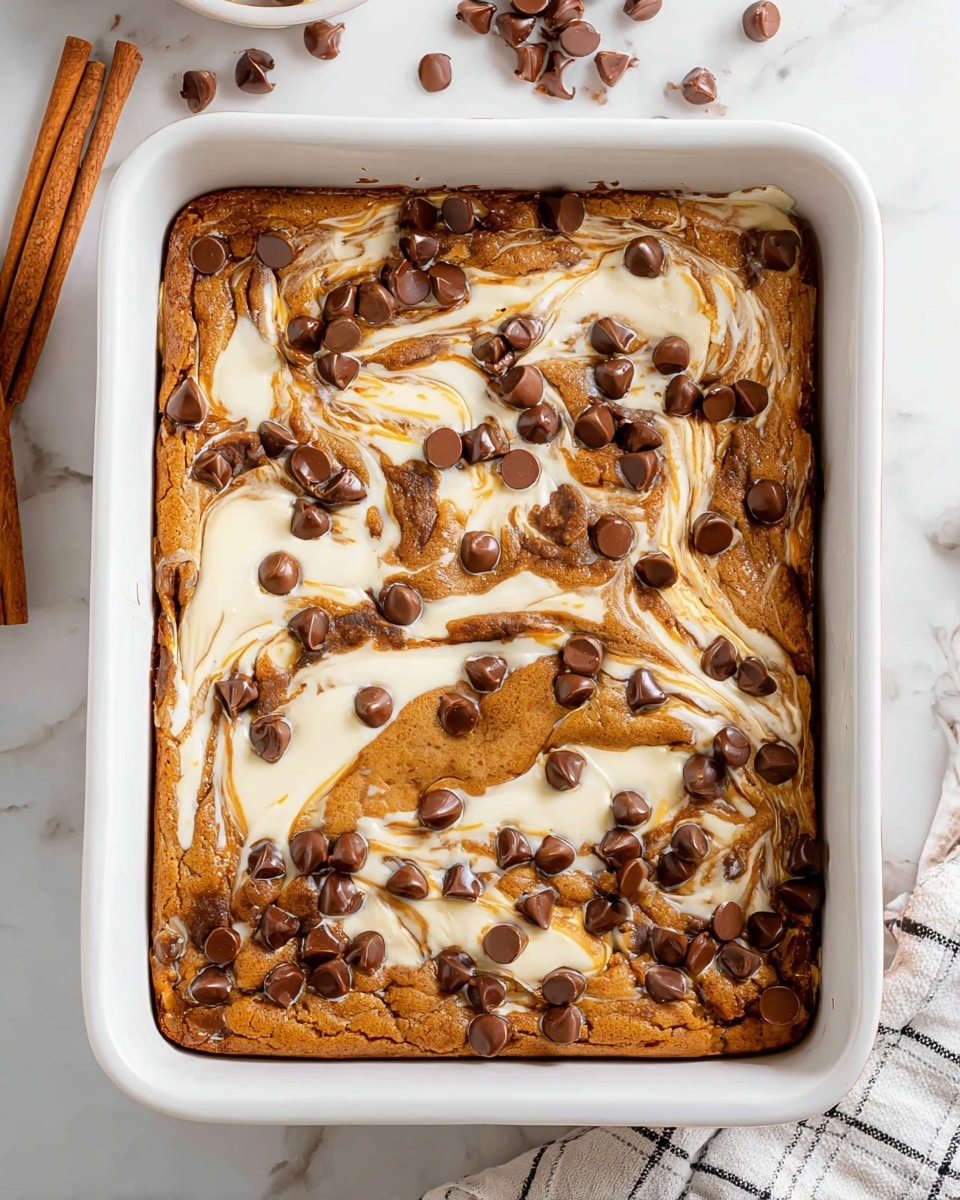 A square white baking pan holds a thick, golden-brown baked dessert with a swirled top layer. The dessert has two main layers visible: a rich, brown cookie-like base and a creamy, white swirled layer on top, creating a marbled effect. Scattered generously across the surface are soft, milk chocolate chips that sit on top of both layers. The edges of the dessert are slightly raised and crisp. The pan rests on a white marbled surface with cinnamon sticks on the side and a white cloth with a black check pattern nearby. photo taken with an iphone --ar 4:5 --v 7