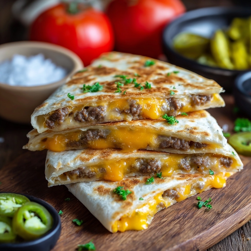 A stack of three grilled quesadilla slices is shown on a wooden board, each slice composed of a white tortilla grilled to golden brown with some charred spots. Inside, there are three visible layers: the top and bottom white tortillas enclosing a thick middle layer made of cooked ground beef that is brown and textured, melted cheddar cheese that is bright orange and gooey, and some small pieces of green jalapeño peppers. Small green herb leaves are sprinkled on top and around the quesadillas. The background is a white marbled texture with two whole red tomatoes and some bowls with pickles and salt blurred out. Photo taken with an iphone --ar 4:5 --v 7