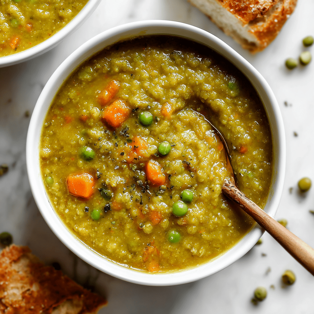 A close-up top view of a white bowl filled with thick yellow-green soup, showing visible bright orange carrot slices and dark green spinach leaves floating in the soup. The soup has a smooth, slightly glossy texture with small bubbles and a light drizzle of oil on the surface. The bowl is placed on a white marbled textured surface with some green split peas scattered near the top edge. Photo taken with an iphone --ar 4:5 --v 7