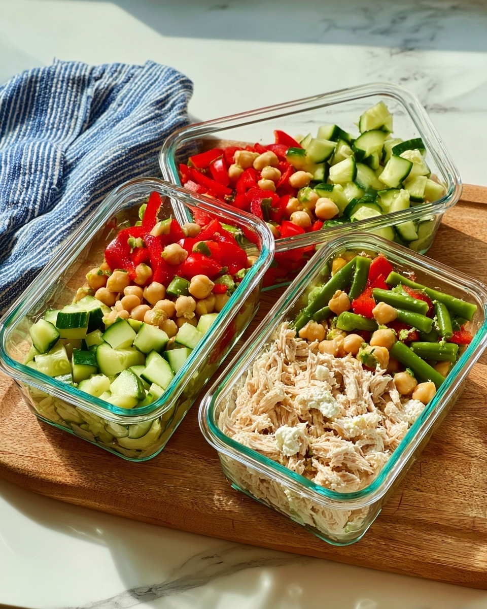 A white bowl filled with a colorful salad sitting on a white marbled surface next to a striped cloth. The salad has three visible layers: the bottom layer is pale yellow chickpeas, the middle layer is bright green edamame beans, and the top layer is chopped cucumber pieces with dark and light green skin and small red bell pepper chunks. The mix looks fresh with a mix of round and cubed shapes, creating a vibrant and healthy look. Photo taken with an iphone --ar 4:5 --v 7