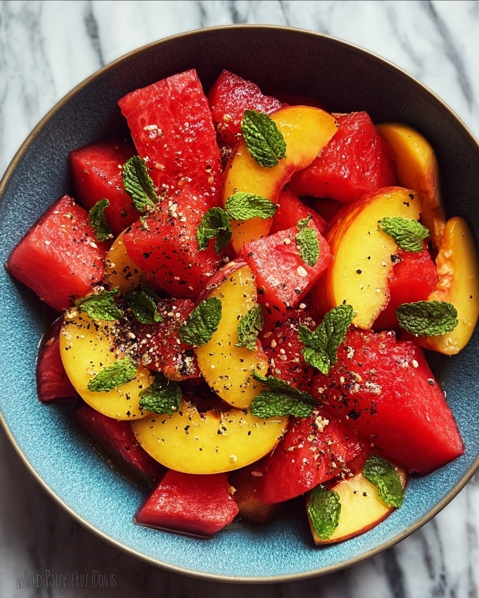 The image shows a white bowl filled with a mix of fresh fruit pieces and herbs. The bottom layer has bright red watermelon cubes with a juicy texture. On top of them, there are slices of yellow and orange peaches arranged softly in different directions. Green chopped mint leaves are sprinkled all over the fruits, adding a touch of leafy texture and color. A few larger mint leaves are placed in the center for decoration. Small black pepper bits are scattered evenly over the fruit, giving a spicy contrast to the vivid colors. The bowl sits on a white marbled surface. photo taken with an iphone --ar 4:5 --v 7