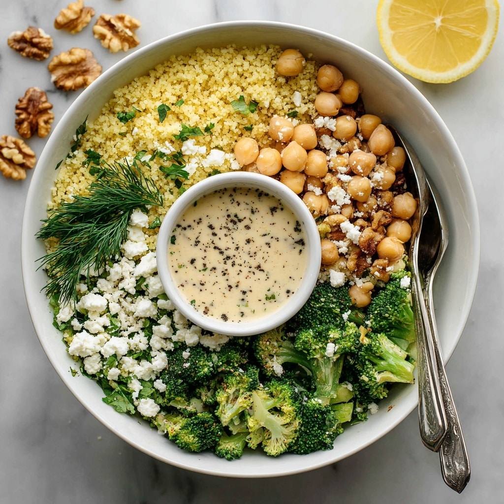 A white bowl filled with a colorful layered salad, starting with a base of light yellow couscous grains scattered evenly. On top, there are green broccoli florets and fresh chopped herbs like parsley and dill giving a rich green texture. White crumbled cheese is spread unevenly around the bowl, adding a soft contrast. Light brown walnuts and chickpeas are scattered throughout for a crunchy look. In the center of the bowl sits a small white dish with creamy beige dressing speckled lightly with black pepper. Two silver spoons rest inside the bowl on the left side. The bowl is set on a white marbled surface with some walnut pieces and a lemon slice partially visible nearby. photo taken with an iphone --ar 4:5 --v 7