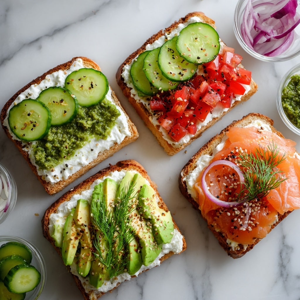 Four pieces of toasted bread lie flat on a white marbled surface, each topped with fresh layers. The first toast has a base spread of white cottage cheese, a middle layer of green pesto, and is topped with evenly arranged thin cucumber slices with a sprinkle of black pepper. The second toast also uses cottage cheese, topped with small, bright red diced tomatoes and brown spices sprinkled over. The third toast features a thick base of cottage cheese, topped with several thin slices of green avocado sprinkled with white sesame seeds and black pepper. The last toast has cottage cheese, topped with orange smoked salmon slices, thin purple onion rings, and green dill sprigs with black pepper scattered on top. Nearby, a clear glass bowl holds diced tomatoes and a second bowl contains avocado slices. photo taken with an iphone --ar 4:5 --v 7