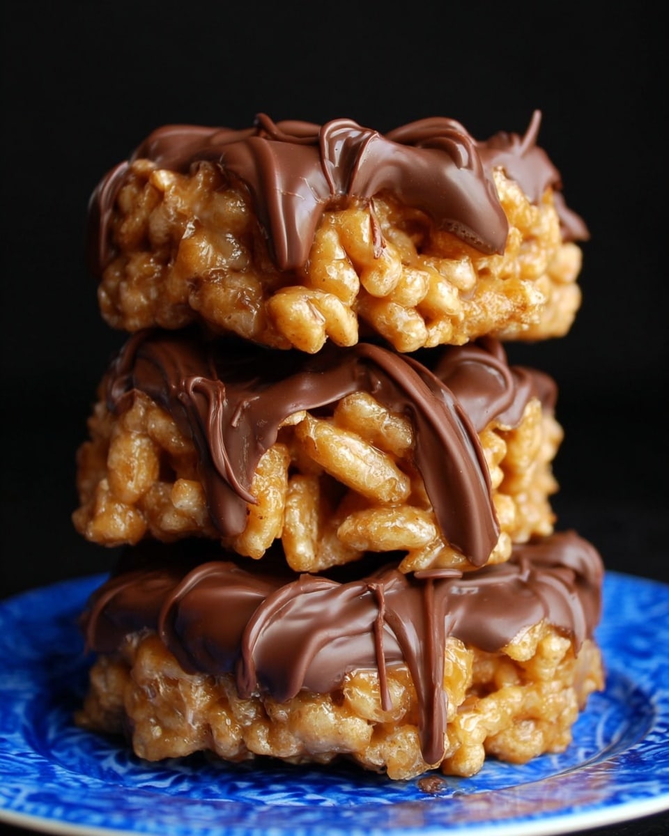 A close-up image of three stacked treats made of golden, crunchy cereal pieces mixed with a gooey, light brown caramel layer and covered partially with a smooth, rich dark brown chocolate layer. The cereal pieces are square-shaped with a ridged texture, sitting unevenly in the thick caramel that looks sticky and shiny, dripping slightly in places. The dark chocolate has a glossy finish and covers parts of the caramel and cereal in a natural, uneven way. The stack is placed on a white plate with a blue glazed texture, set against a black background. Photo taken with an iphone --ar 4:5 --v 7