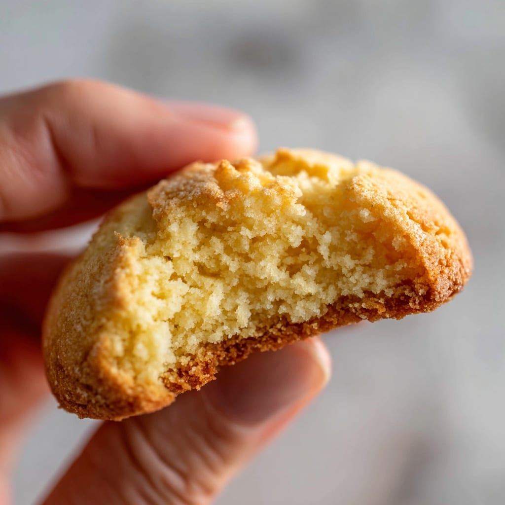 A close-up image of a small, half-eaten cookie held between a woman's thumb and forefinger, showing a crumbly texture with a golden-brown bottom layer and a lighter, soft inside layer. The cookie has a slightly rough surface with visible crumbs. The background is a soft blur, changed to a white marbled texture. Photo taken with an iphone --ar 4:5 --v 7