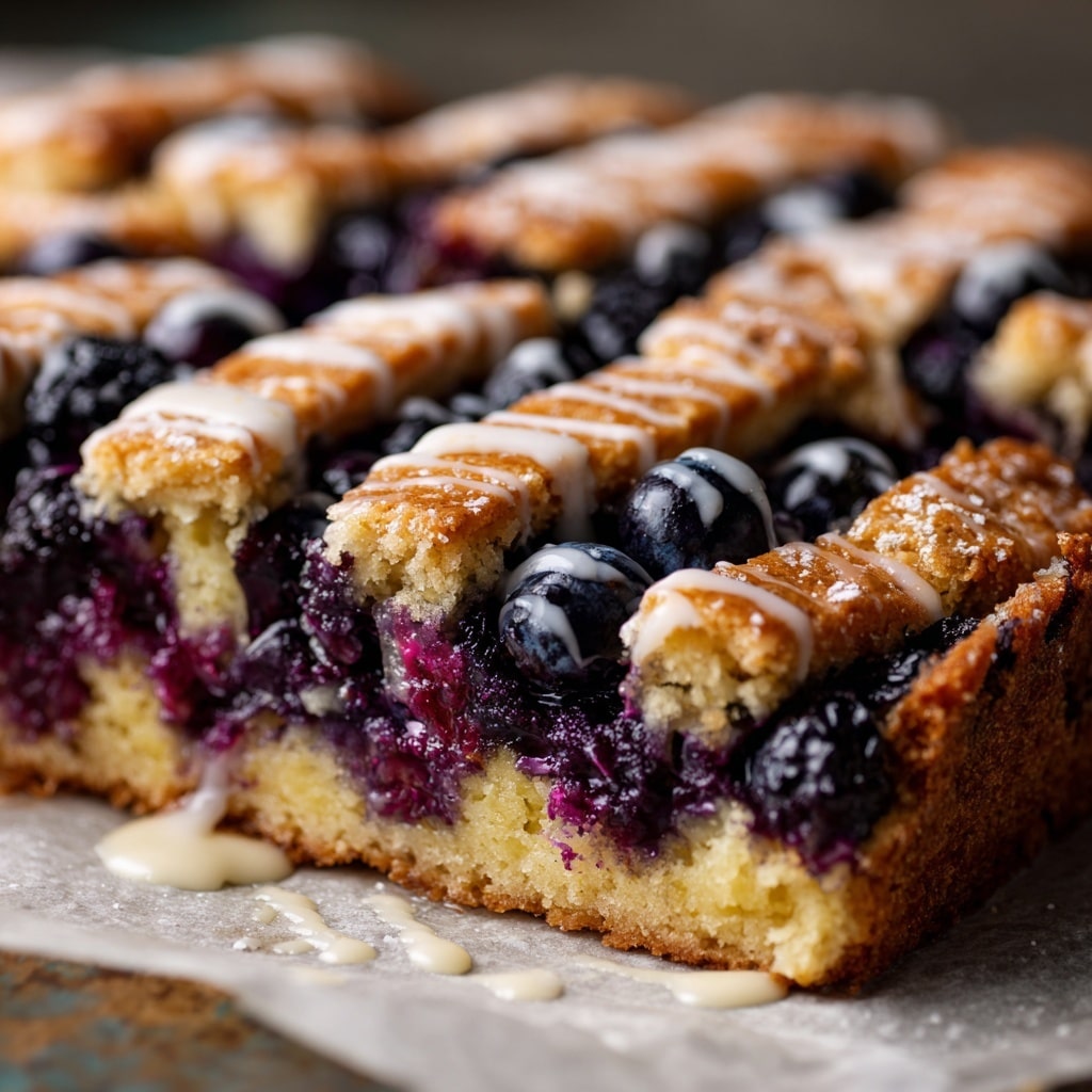 The image shows a baked dessert cut into rectangular pieces on a white marbled textured surface. The dessert has two main layers: a golden brown baked top layer with a slightly crispy and crackled texture, and beneath it, a creamy, light yellow layer with visible juicy dark purple berries embedded evenly throughout. The berries create patches of deep purple, contrasting with the light yellow cream and the warm golden crust on top. The pieces are neatly sliced, with some showing the inside texture and the berries standing out clearly in the creamy filling. Photo taken with an iphone --ar 4:5 --v 7