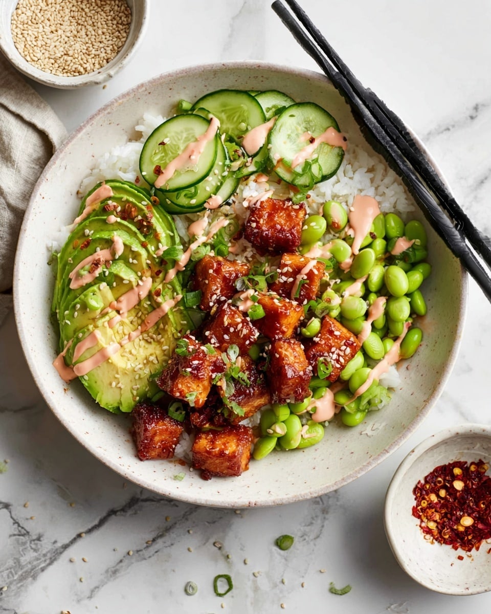 The dish shows a white bowl filled with a base layer of white rice. On top of the rice, there are several distinct layers: on one side, there is bright green sliced avocado with a smooth texture, drizzled with a light pink sauce. Next to it are fresh, thinly sliced cucumber pieces, also drizzled with some of the sauce. Above those are small, shiny, brown cubes of crispy tofu that look caramelized, scattered with light sesame seeds. Bright green edamame beans are spread around the tofu and cucumber, adding color and texture. The bowl is placed on a white marbled surface with black chopsticks resting on the side of the bowl. Small bowls containing sesame seeds and red chili flakes are visible nearby. photo taken with an iphone --ar 4:5 --v 7