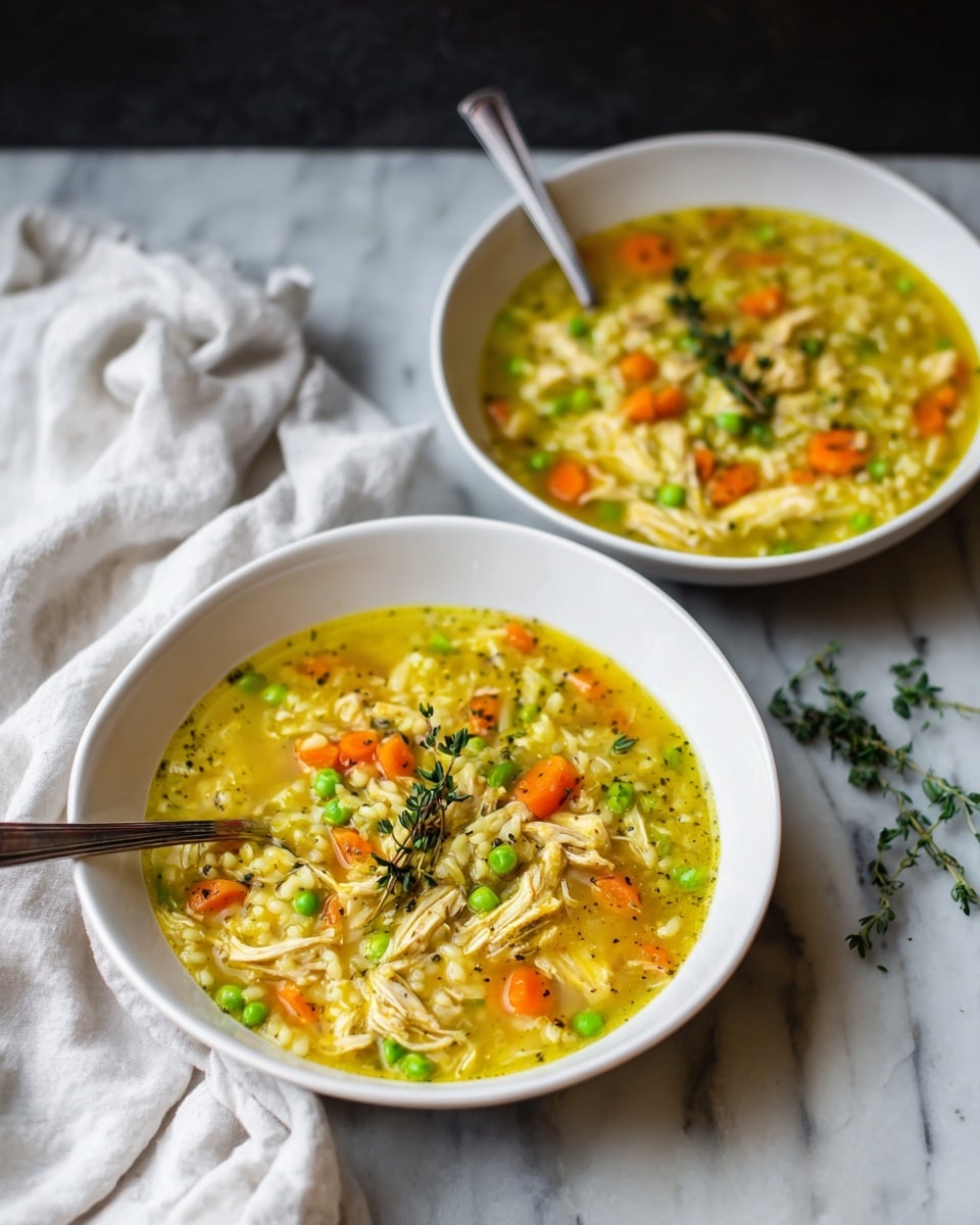 Two white bowls of thick soup sit on a white marbled surface, each bowl filled with yellow broth containing shredded chicken, bright orange carrot slices, green peas, and small pearl-like pasta. The soup has a chunky texture with visible herbs, including a sprig of thyme on top as garnish. Each bowl has a silver spoon resting inside. A soft white cloth with green herb sprigs is casually placed beside the bowls, and the background is dark, making the colors of the soup stand out. photo taken with an iphone --ar 4:5 --v 7