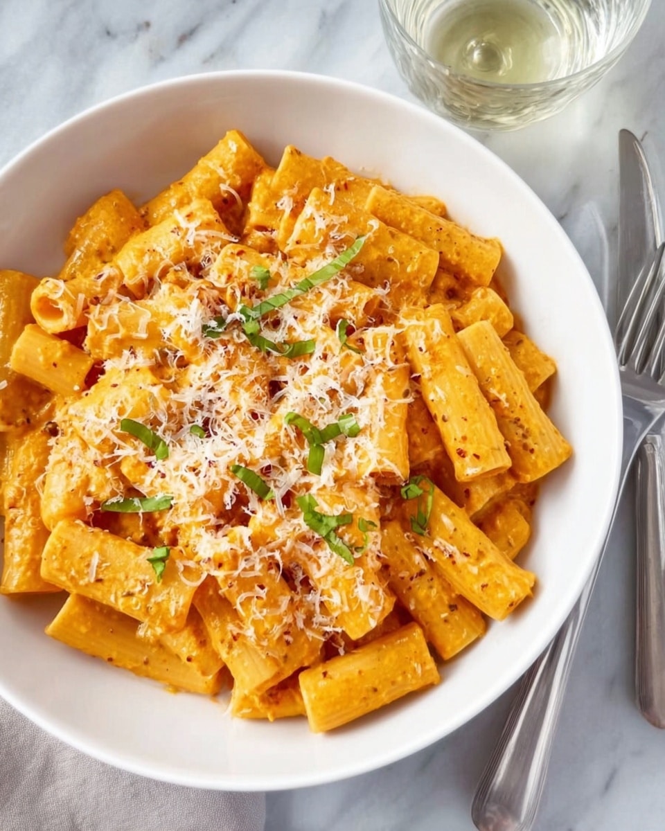 The image shows a white bowl filled with rigatoni pasta, coated in a creamy orange sauce. The pasta is topped with finely grated cheese that adds a light texture on top, and scattered small green herb leaves provide a fresh contrast. The rigatoni pasta tubes are well coated with the sauce, and the serving looks warm and inviting. The bowl is placed on a white marbled surface, beside a silver fork and knife, with the top right corner of a glass visible above. Photo taken with an iphone --ar 4:5 --v 7