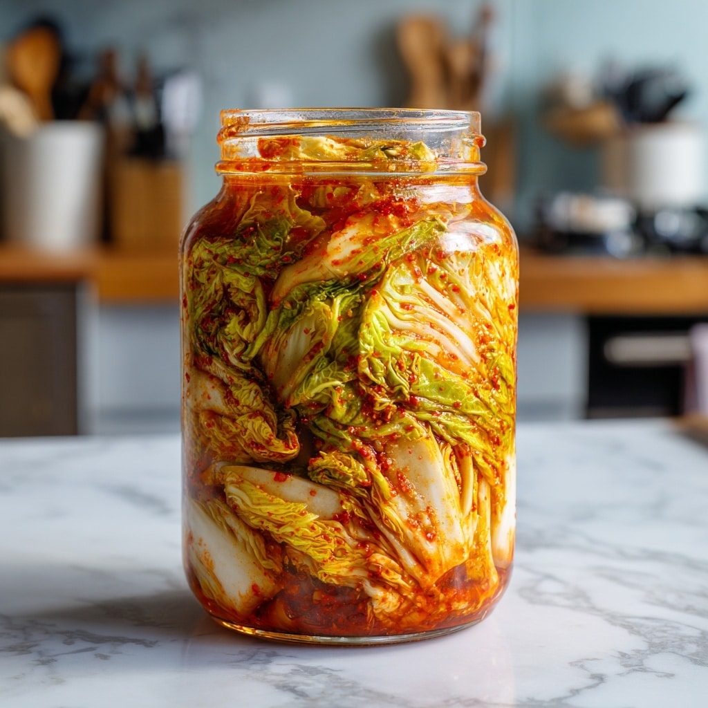 A clear glass jar filled with layers of tightly packed napa cabbage leaves coated in a thick, red-orange spicy paste, showing a mix of pale white stems and wrinkled green and yellow leaves immersed in the sauce; the jar sits on a white marbled surface with a blurred kitchen background. photo taken with an iphone --ar 4:5 --v 7