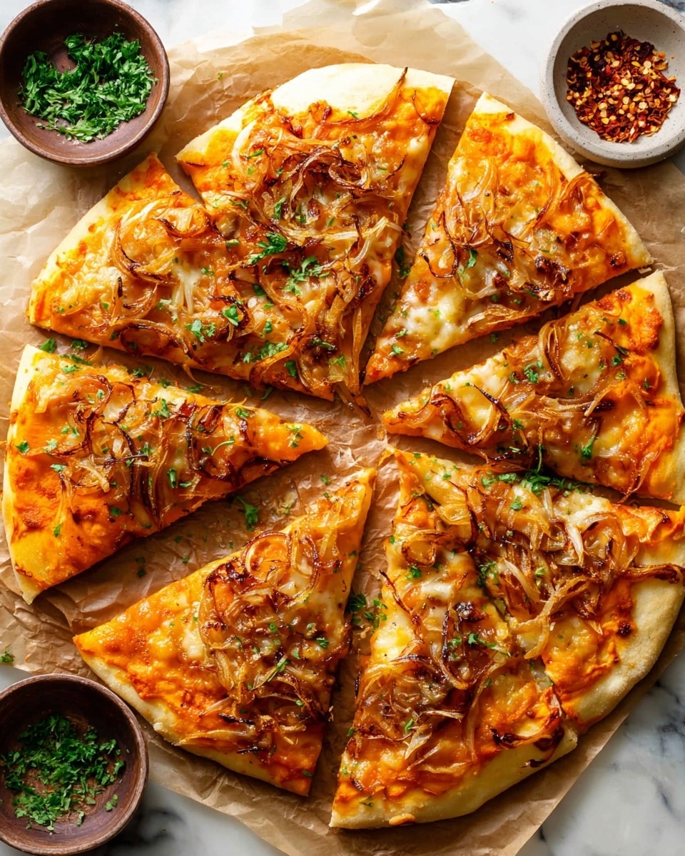 A round pizza sliced into six pieces sits on parchment paper over a white marbled surface. The pizza crust is light golden and thick with a soft texture. The first layer is a spread of orange sauce evenly covering the crust. On top, there is a layer of melted white cheese bubbling in some spots. Thin caramelized onion slices, golden brown with slight charred edges, are scattered on the cheese. Small bits of green herbs are sprinkled over the whole pizza, adding a touch of color and freshness. Next to the pizza, there is a small white bowl filled with chopped green herbs. Photo taken with an iphone --ar 4:5 --v 7