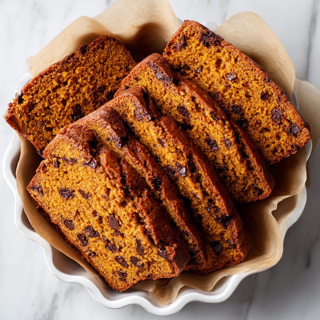 The image shows six slices of moist pumpkin chocolate chip bread arranged slightly overlapping in a white scalloped-edged dish lined with light tan parchment paper. Each thick slice is a warm orange-brown color with a soft, dense texture and scattered deep dark chocolate chips throughout. The top crust is slightly darker and has a gently cracked surface. The dish rests on a white marbled surface, adding a clean, bright backdrop that highlights the rich color of the bread. photo taken with an iphone --ar 4:5 --v 7