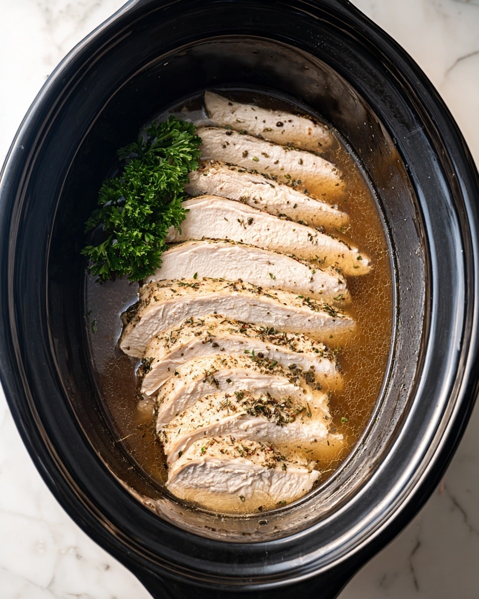 The image shows several slices of cooked white meat fish in a shallow pool of light brown, oily broth with small green herb specks scattered on the fish and in the liquid. The fish slices have a soft, flaky texture with visible muscle lines and a slightly darker crust on the edges. In the bottom left corner, fresh green parsley adds a burst of color and freshness. The dish is presented in a white bowl with a subtle glossy shine, set against a white marbled texture background. Photo taken with an iphone --ar 4:5 --v 7