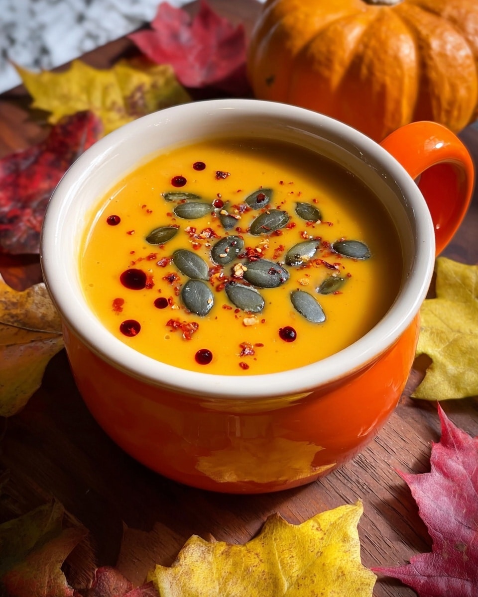 A bright orange soup with a smooth, creamy texture fills a white bowl with an orange exterior and handle, topped with dark green pumpkin seeds scattered evenly over the surface, small red pepper flakes sprinkled in the center, and drops of dark red oil spread around. The bowl sits on a wooden table next to autumn leaves in yellow and red hues, with a small orange pumpkin nearby. The background features a white marbled texture. photo taken with an iphone --ar 4:5 --v 7