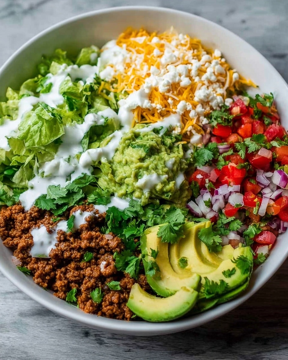 A white bowl filled with five distinct layers of food arranged side by side. On the left is a fresh green lettuce layer with a smooth texture, lightly drizzled with white creamy dressing and sprinkled with bright green chopped herbs. Next to it is shredded yellow cheddar cheese mixed with crumbly white cheese, topped with small green herb pieces. In the center is a scoop of chunky guacamole, light green with some darker green herb bits and a drizzle of white dressing. To the right is a pile of fresh red diced tomatoes mixed with chopped onion and green herbs, also drizzled with white dressing. On the far right is a layer of ground meat, cooked brown with a crumbly texture. A green avocado half with smooth, creamy texture sits at the back of the bowl. The bowl rests on a white marbled surface. Photo taken with an iphone --ar 4:5 --v 7