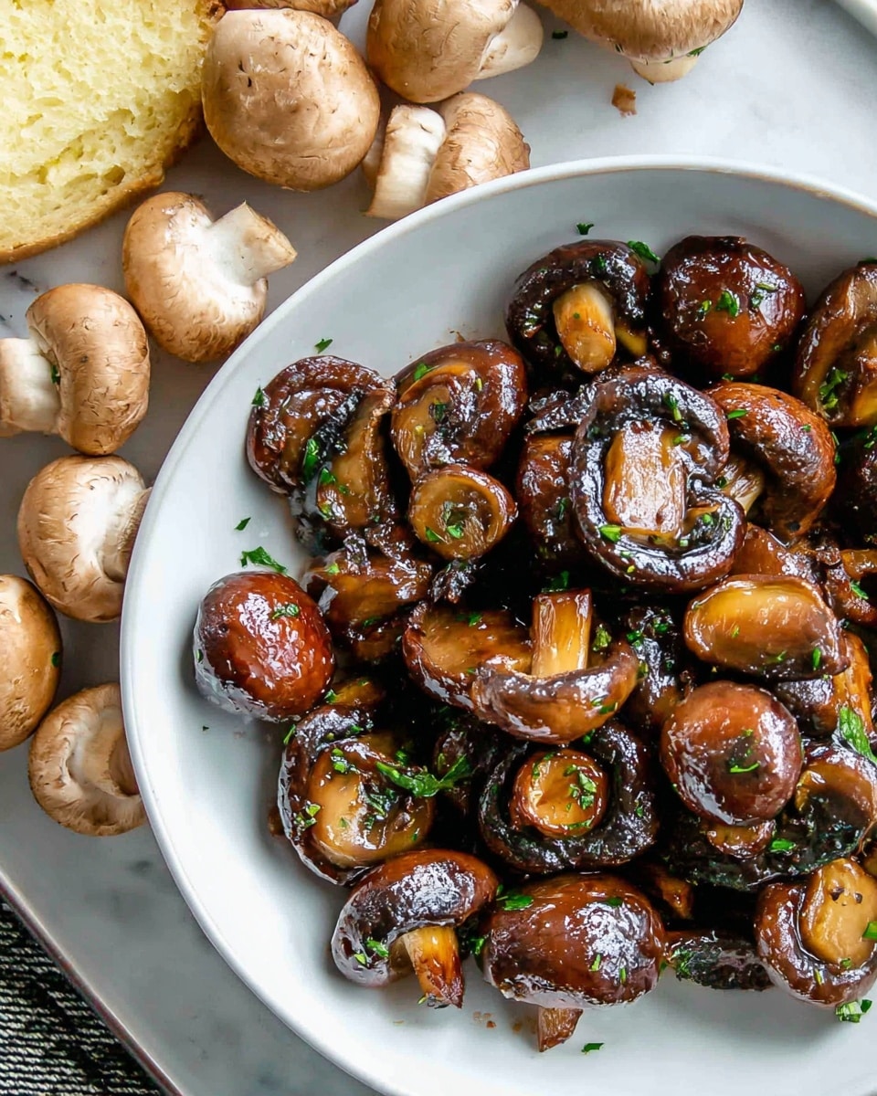 The image shows a white plate filled with roasted mushrooms. The mushrooms are sliced in halves and quarters, showing different curved shapes with browned, caramelized edges and a glossy, slightly oily surface. They have a rich dark brown color with some blackened spots from roasting. Small bits of green herbs are sprinkled on top, adding a touch of color contrast. The mushrooms are crowded together, covering the entire plate, which is placed on a white marbled texture. photo taken with an iphone --ar 4:5 --v 7