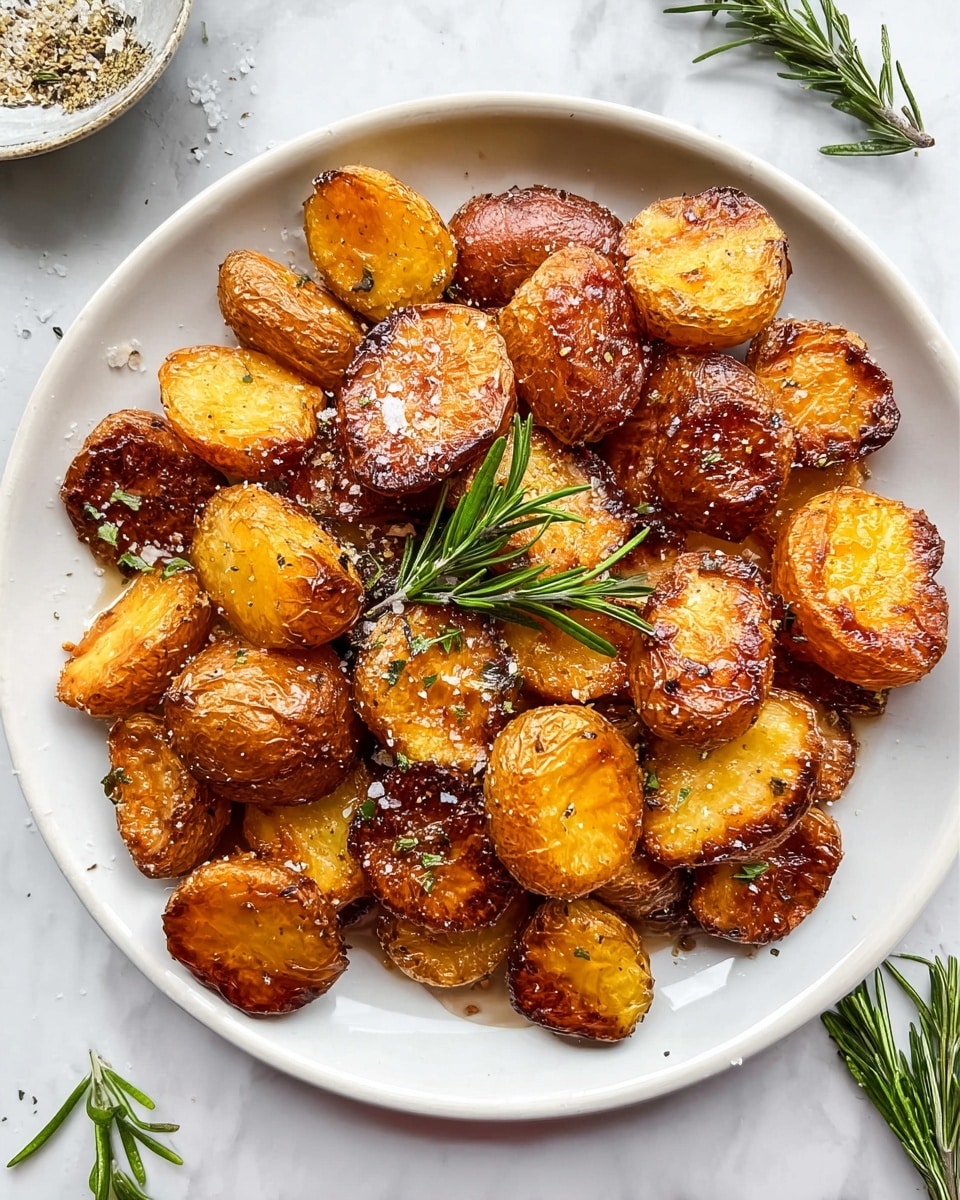 A white round plate filled with golden brown roasted potato halves, each with a crispy textured skin and soft inside. The potatoes have a mix of darker caramelized edges and bright golden parts, sprinkled with coarse sea salt flakes and small green herb bits. Three sprigs of fresh green rosemary lie on top, adding a pop of color and freshness. The plate sits on a white marbled surface with a few loose rosemary sprigs around it. Photo taken with an iphone --ar 4:5 --v 7