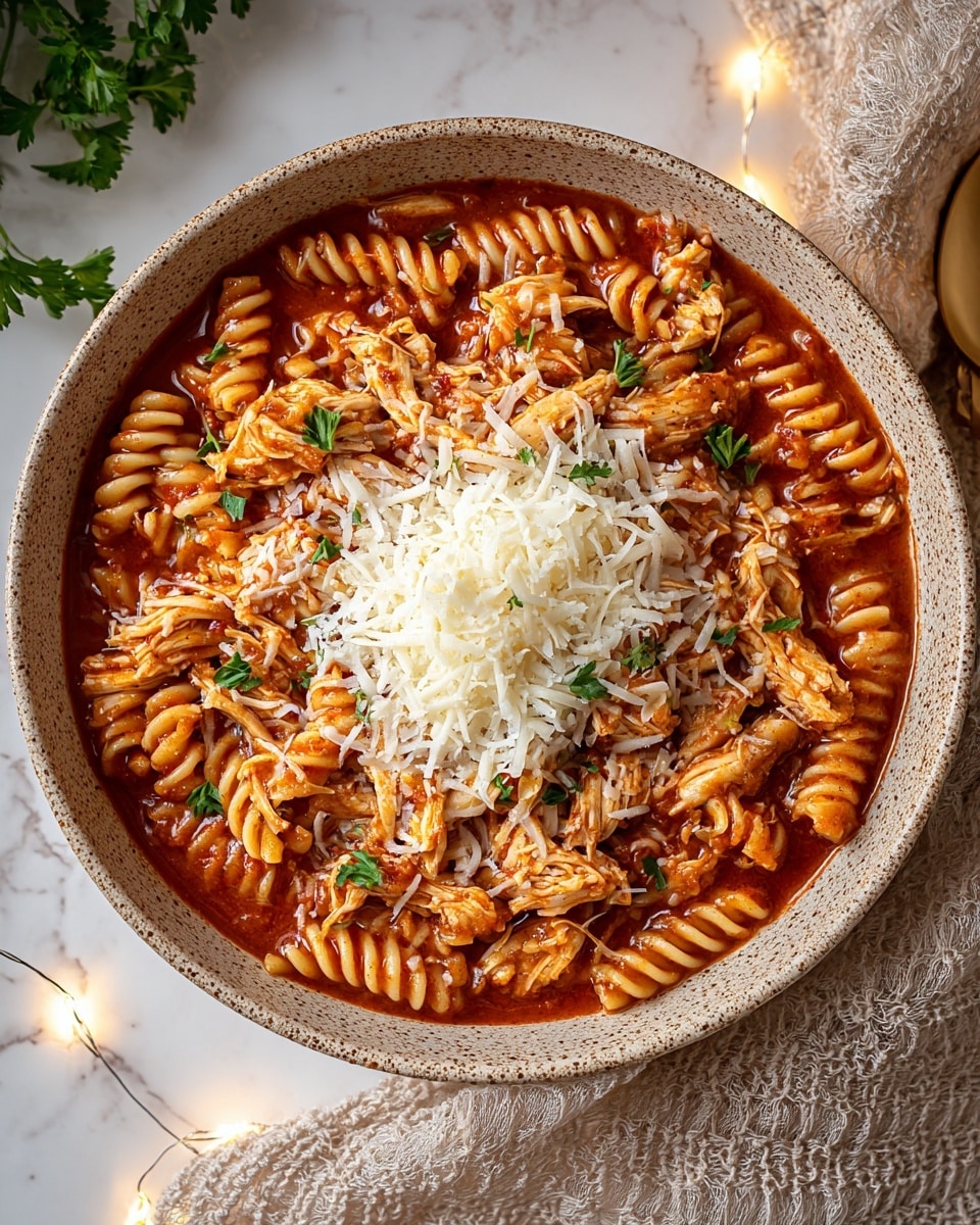 A bowl filled with a rich red tomato sauce base, mixed with spiral pasta evenly spread throughout. On top of the sauce are shredded pieces of cooked chicken, scattered well and mixed in. The very center features a generous mound of finely shredded white cheese that contrasts with the red sauce. Small green herb pieces are sprinkled over the chicken and cheese for added color. The bowl is a speckled light brown ceramic, resting on a white marbled surface, with soft string lights and textured fabric partly visible around it. Photo taken with an iphone --ar 4:5 --v 7