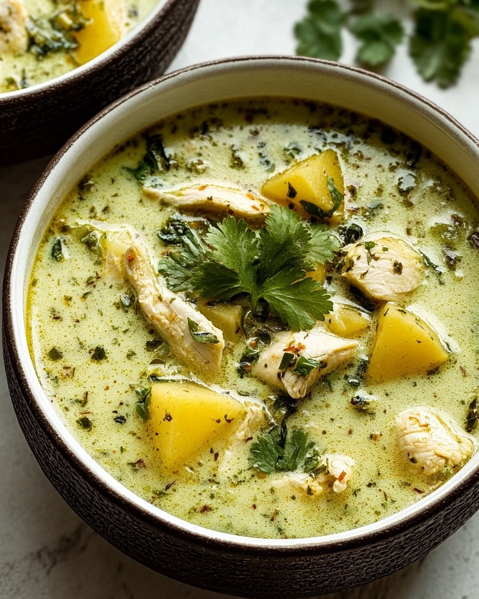 A close-up view of a bowl filled with creamy light green soup that has small pieces of chicken and cut yellow potatoes floating in it. The soup surface is speckled with green herbs and spices, with a few fresh cilantro leaves placed on top as garnish. The bowl is white with a dark brown textured rim and rests on a white marbled surface. Part of a second similar bowl is visible at the top right edge of the image. photo taken with an iphone --ar 4:5 --v 7