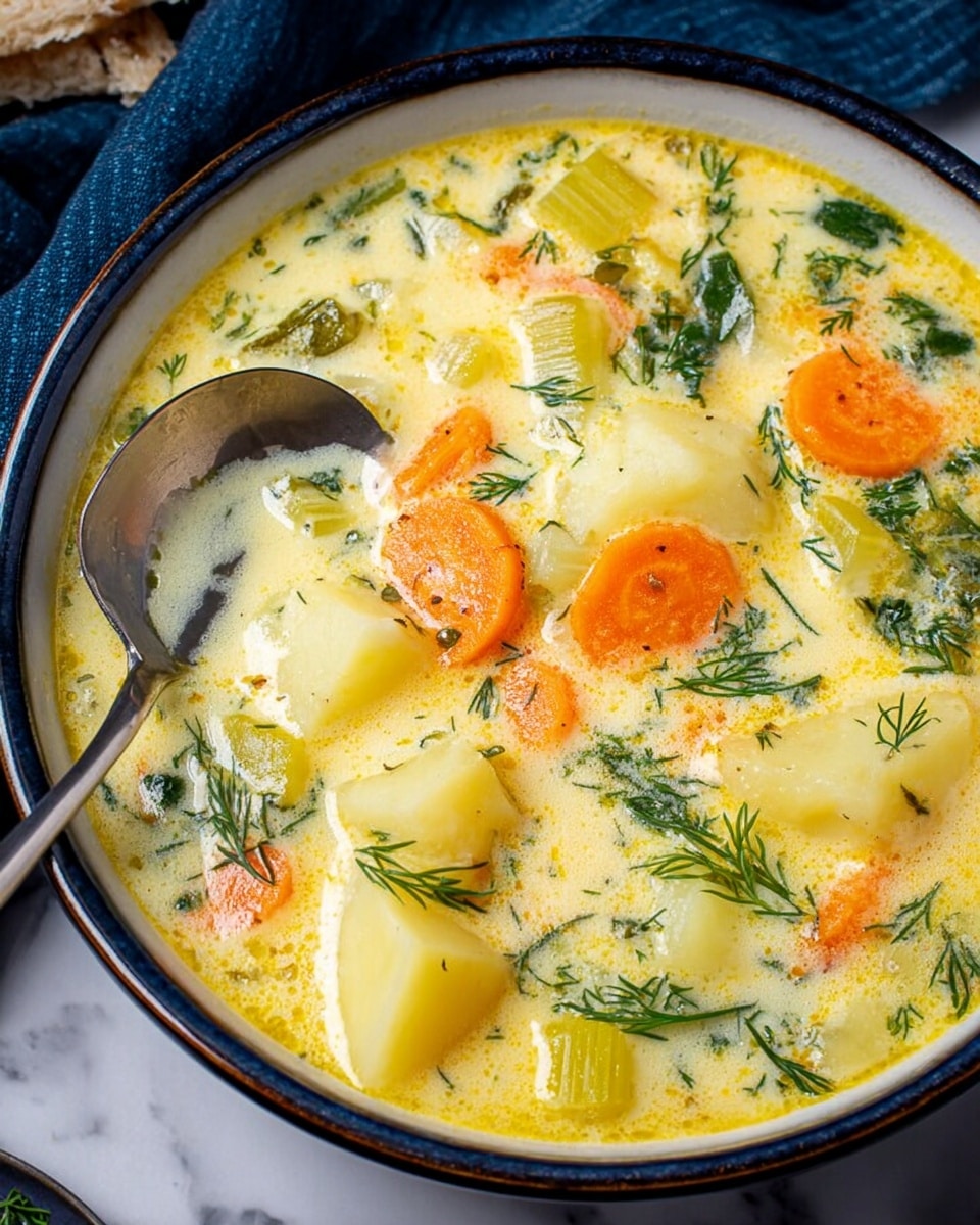 The image shows a deep blue bowl filled with creamy soup that has a yellowish cream base. The soup contains large chunks of light yellow potatoes, round slices of orange carrots, and small green herb pieces sprinkled on top. The surface of the soup has a smooth texture with some herbs floating, adding a fresh green touch. The bowl sits on a dark surface partially covered by a dark blue cloth with white stripes, and behind the bowl, there are a few pieces of golden brown bread resting on the cloth. A metal spoon is placed inside the bowl, angled outward. photo taken with an iphone --ar 4:5 --v 7