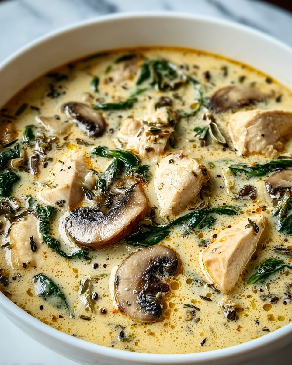 A white bowl filled with creamy soup, showing layers of sliced light brown mushrooms scattered throughout. Large pieces of pale cooked chicken breast float on the surface, mixed with dark green spinach leaves. The creamy broth is a soft yellow-beige color with small specks of black pepper sprinkled on top. The background shows a white marbled texture with a piece of bread blurred softly at the top left corner. photo taken with an iphone --ar 4:5 --v 7
