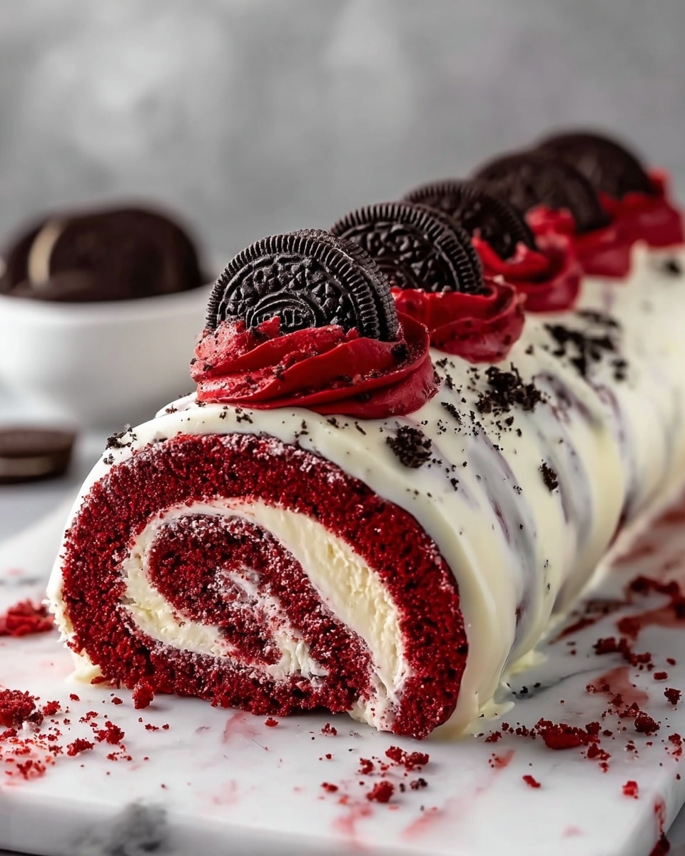 A rolled cake with rich red layers spiraled tightly with white cream filling inside, coated in smooth white icing. On top, there are thick swirls of bright red frosting evenly spaced, alternating with half of a dark chocolate cookie standing upright. The cake sits on a white marbled slab, with red crumbs scattered around it, adding texture and color contrast. In the background, there is a blurred bowl with white and dark cookies. The whole setup is shown close up, highlighting the moist texture and details of the cake. Photo taken with an iphone --ar 4:5 --v 7