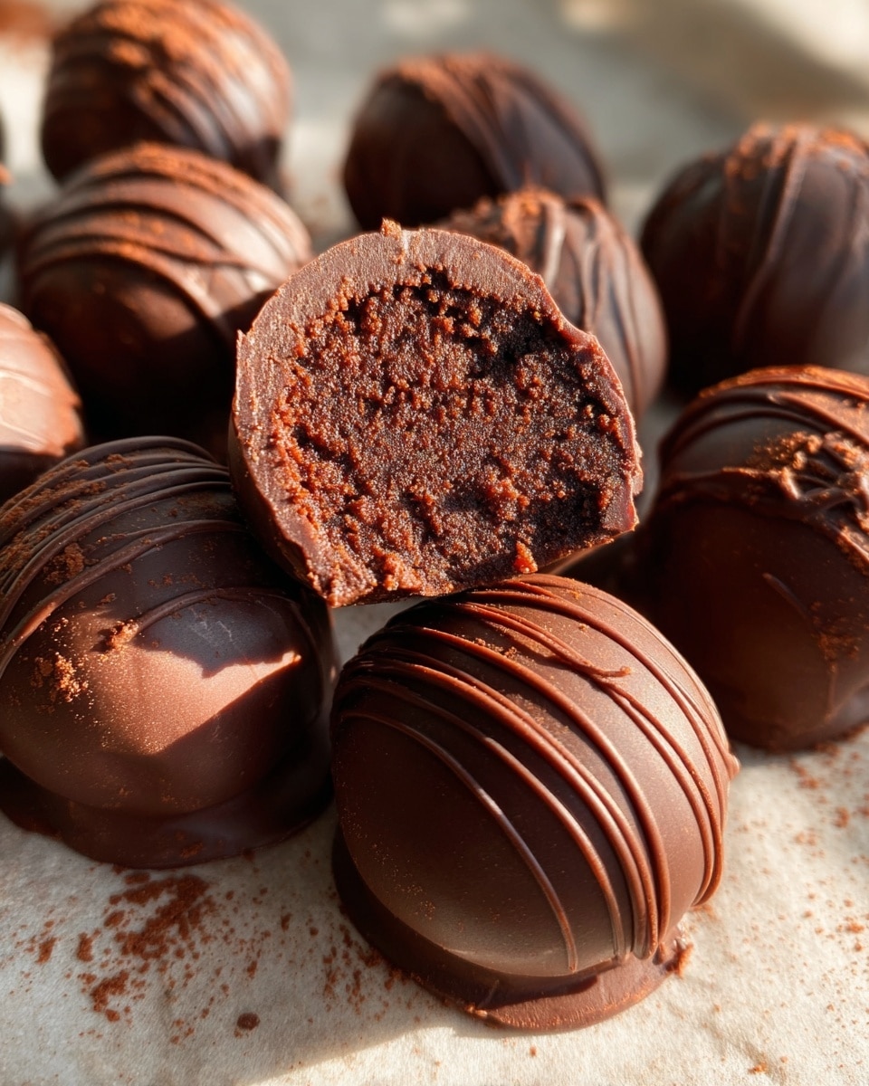 The image shows multiple round chocolate truffles with a smooth, dark outer shell and thin ribbons of darker chocolate drizzled on top. One truffle is cut in half, revealing a dense, moist, and finely textured dark chocolate interior inside the thin shell. The truffles rest closely together on a light, slightly textured surface with warm sunlight highlighting the glossy finish and textured crumb inside the halved pieces. photo taken with an iphone --ar 4:5 --v 7